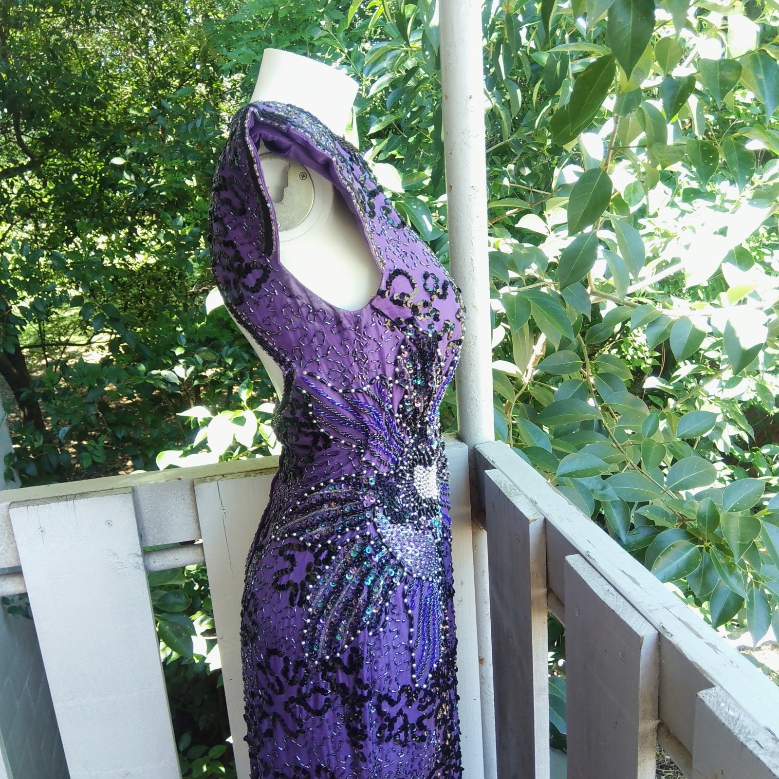 Vintage 80s Sequin Beaded Silk Purple Evening Dress Gown