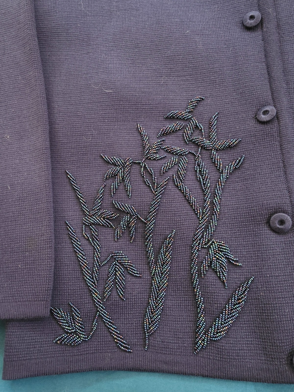 Vintage Robson&rsquo;s Beaded Wool Cardigan Bamboo Sweater Hong Kong Blue Size 12