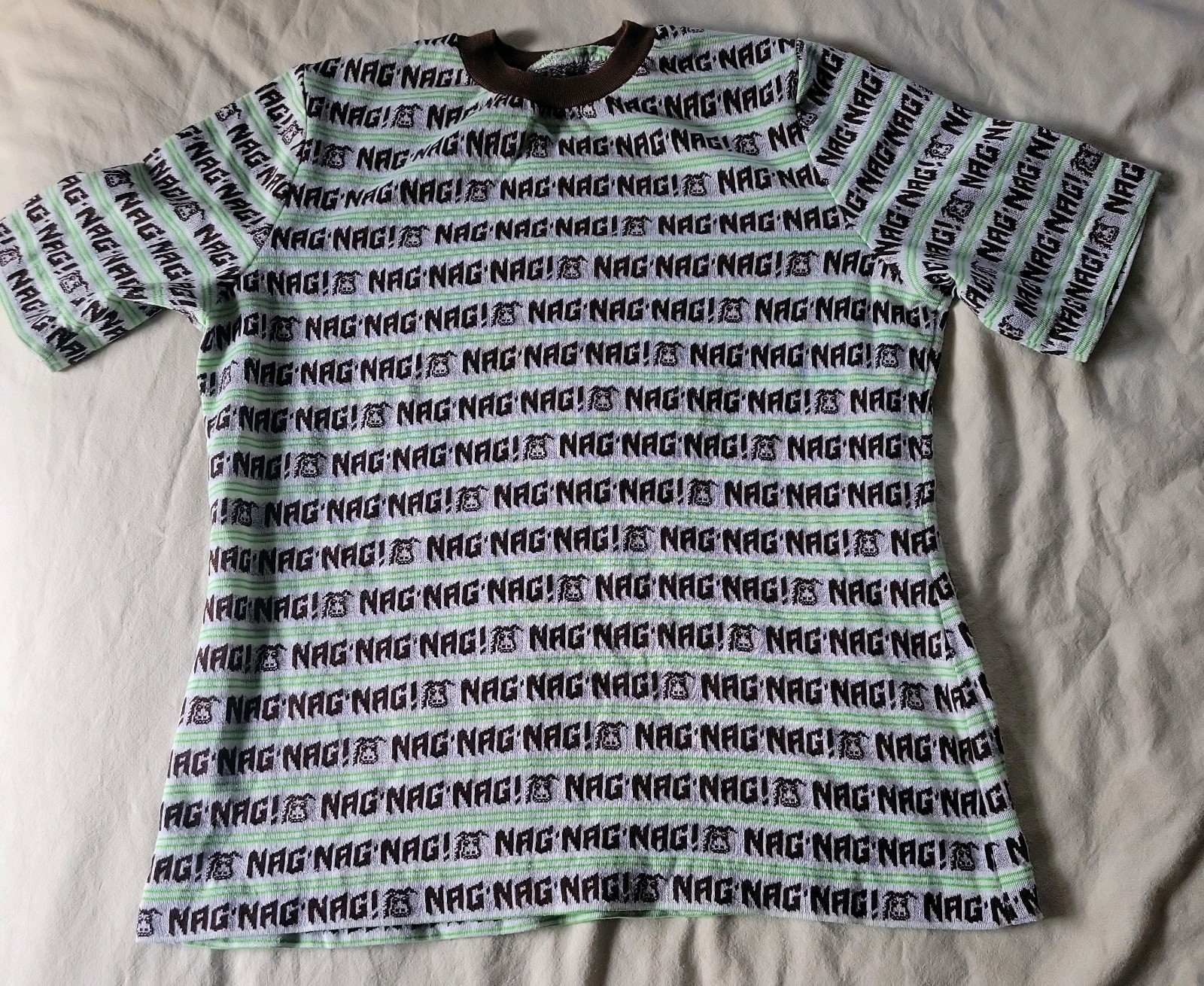 Vintage NAG NAG NAG T Shirt Top All Over Print Pattern Tee Striped Donkey Horse
