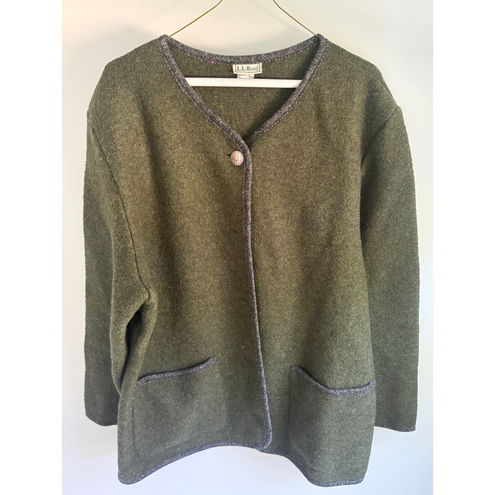 Vintage LL Bean Boiled Wool Coat Womens Large Olive Green Made in Austria 80s