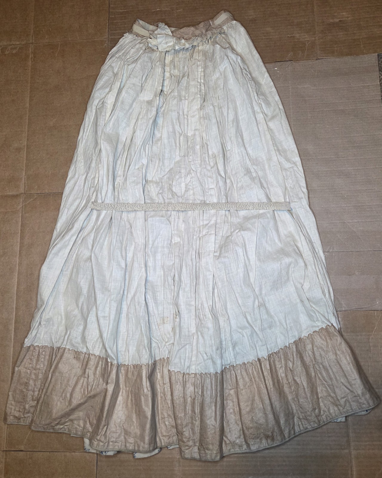 1850s Victorian 4pc Beige/Teal Cotton Blend Visiting Dress w/ Peplum & Lace Belt
