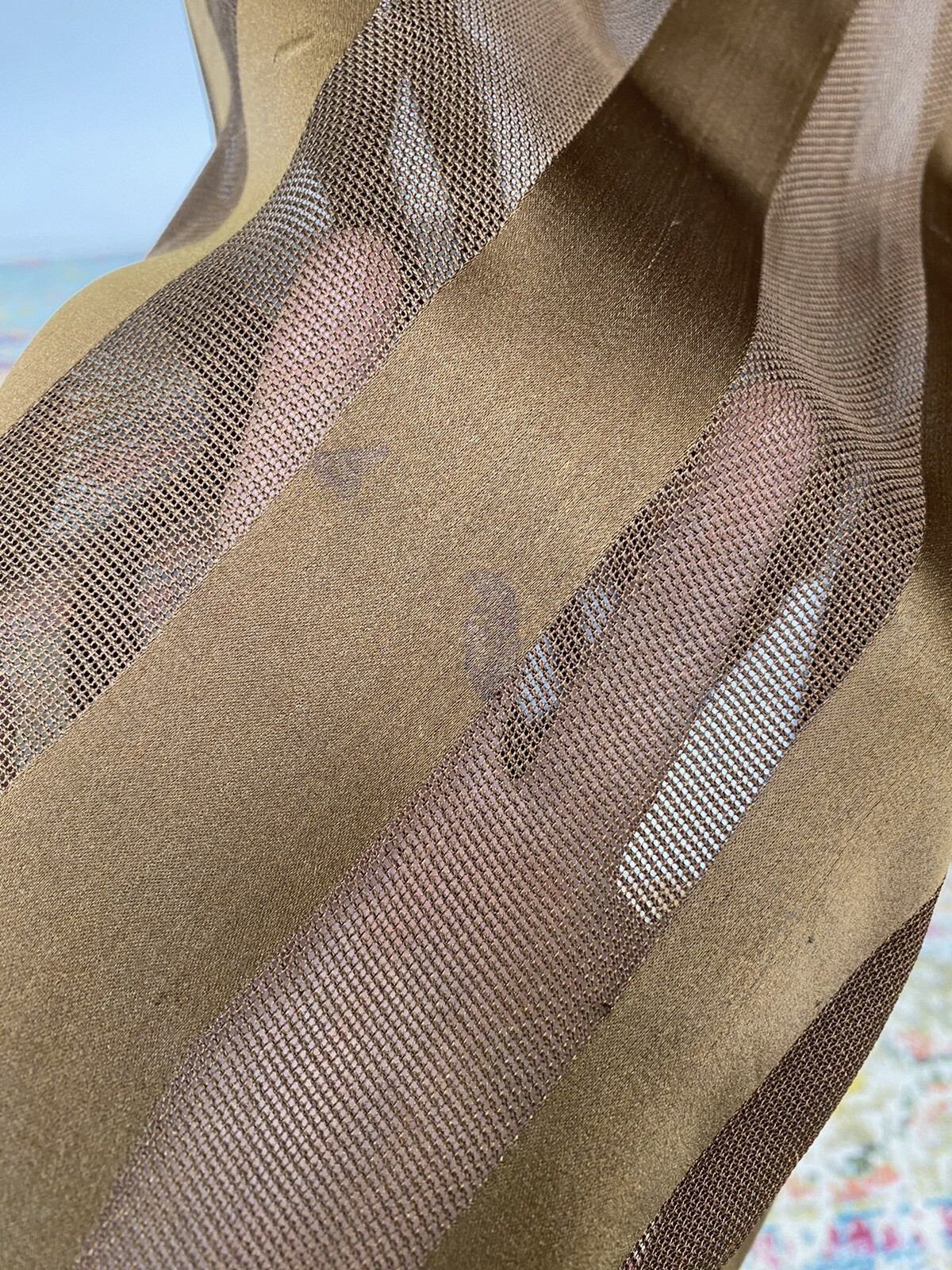 Brown Silk Net Striped Antique Victorian Walking Dress Edwardian 1900s AS IS