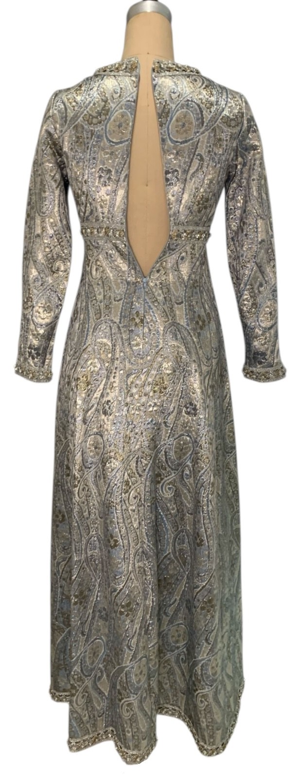 Vintage 60s/70s Women&rsquo;s Empire Waist Metallic Paisley Brocade Dress – Size XS/S
