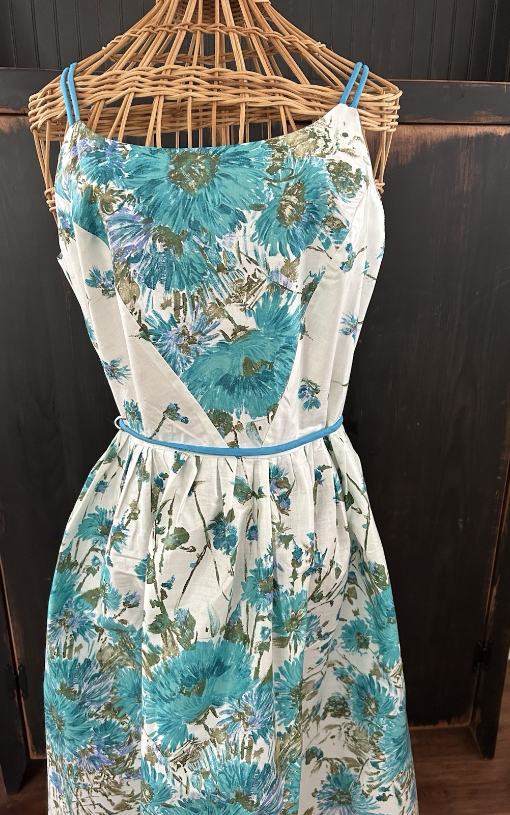 NEVER WORN Vintage TURQUOISE FLORAL DRESS Mid Century 1950s Fitted Flared Dress