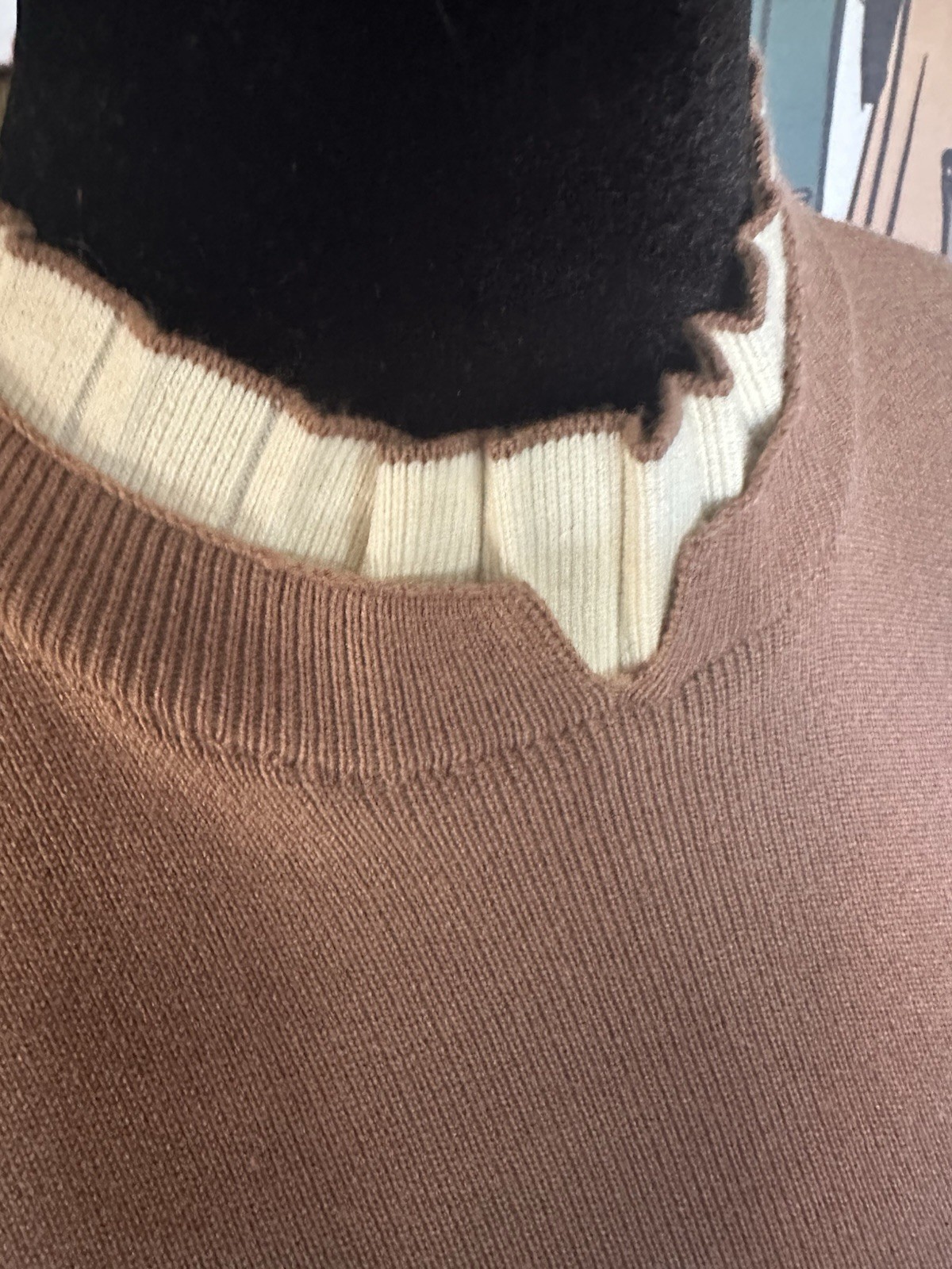 Brown Knit Sweater with Cream Pleated Trim and Pearl Button Detail