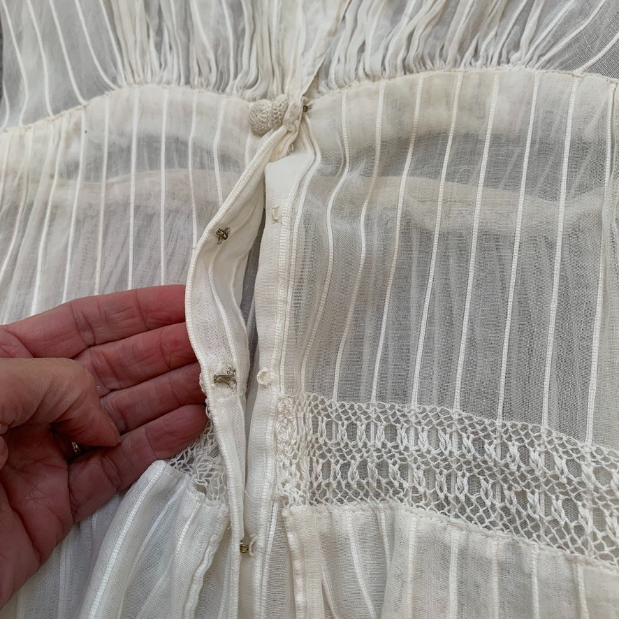 Antique Edwardian White Cotton Dress XXS Crochet Lace Lawn Tea Victorian Sheer