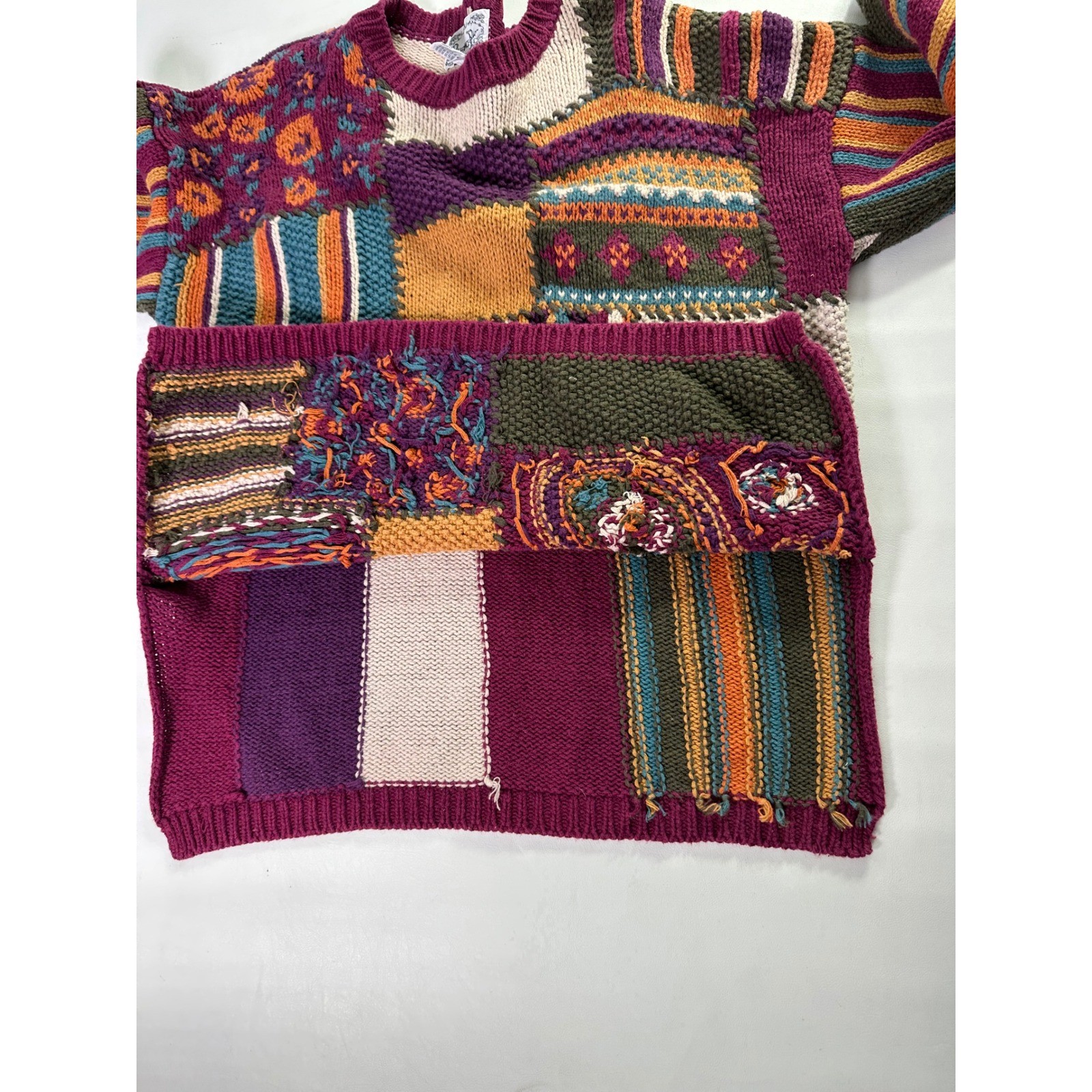 Reference Point Vintage 90s Patchwork Knit Sweater Sz Medium Ramie Cotton Mix