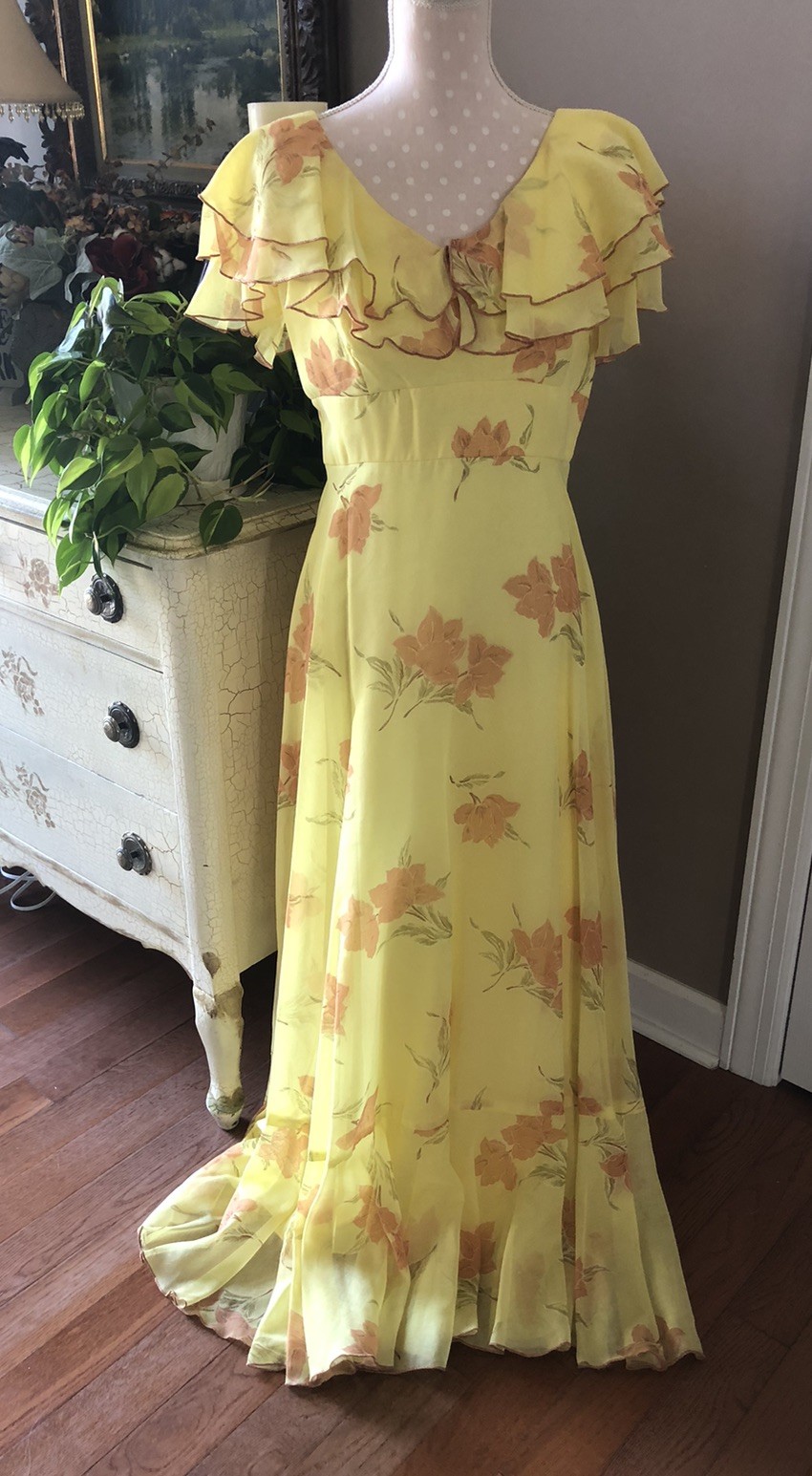 Vtg Yellow Ruffle Maxi Dress Floral Train Sheer Over Lining JC Penny Women 13/14