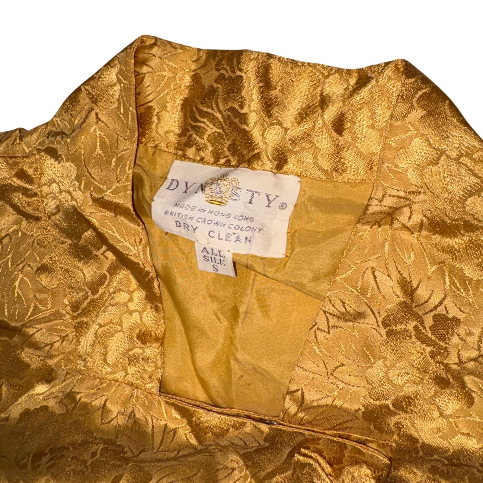 Vintage Dynasty Gold Silk Damask Floral Brocade Maxi Robe Gown Hong Kong S