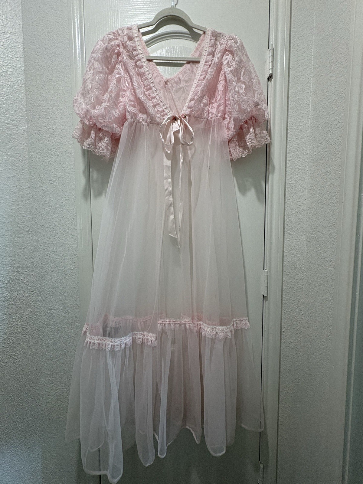 Vintage Tosca Nightgown Robe Peignoir Lingerie Sheer Pink Lace Chiffon Small