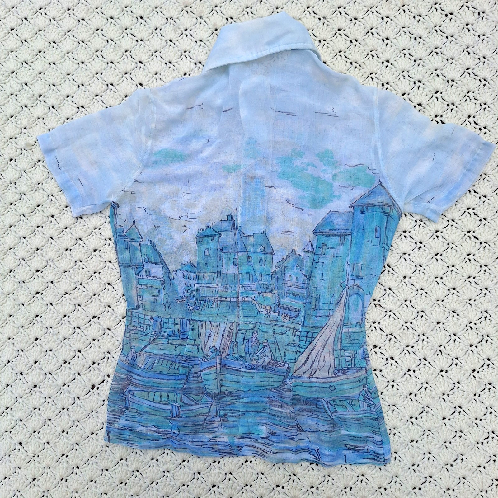 Vtg Frank Lee Disco Womens Short Sleeve Collared Graphic City Shirt – Small