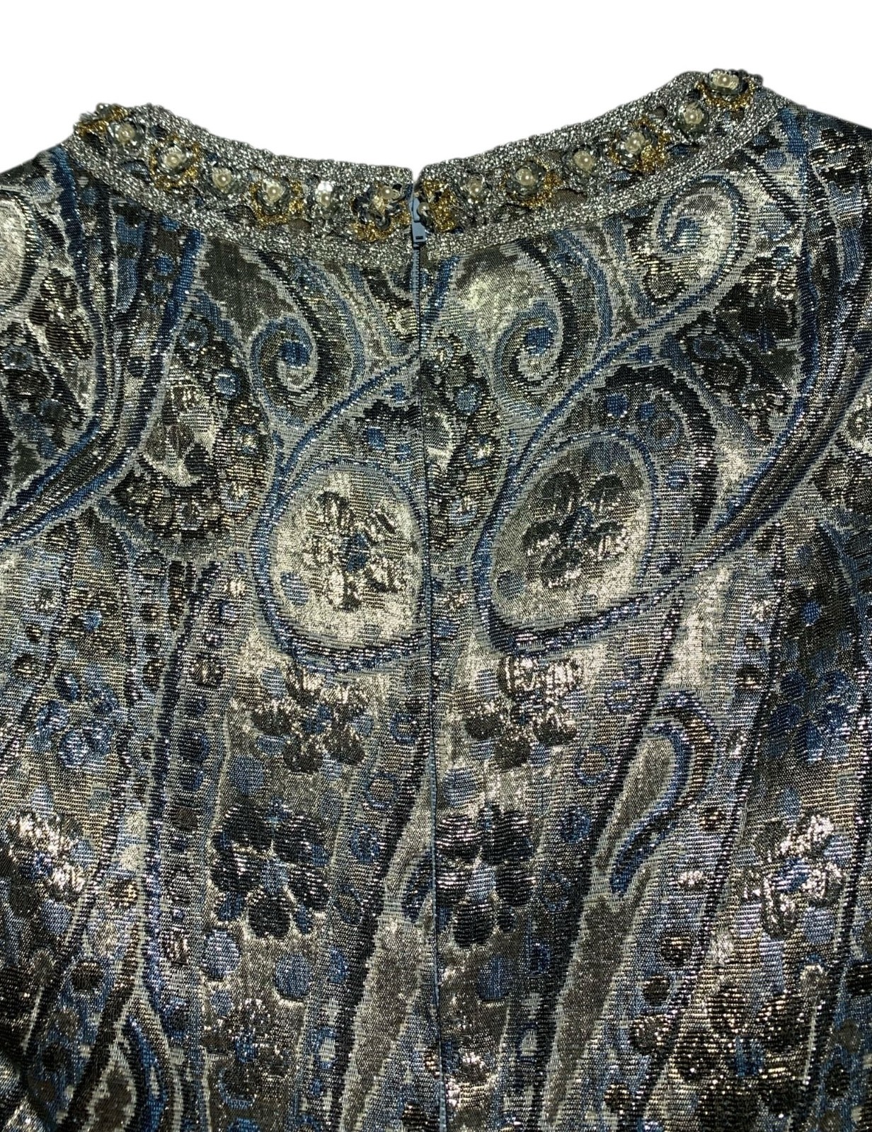 Vintage 60s/70s Women&rsquo;s Empire Waist Metallic Paisley Brocade Dress – Size XS/S