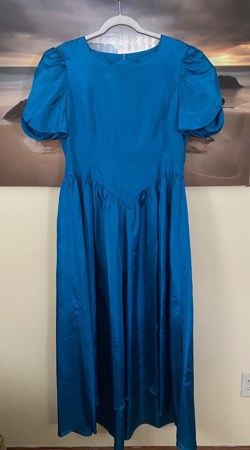 VTG 80s 90s Teal Green Puff Slv Satin Hi Lo Scallop Prom Bridesmaid Dress L/XL