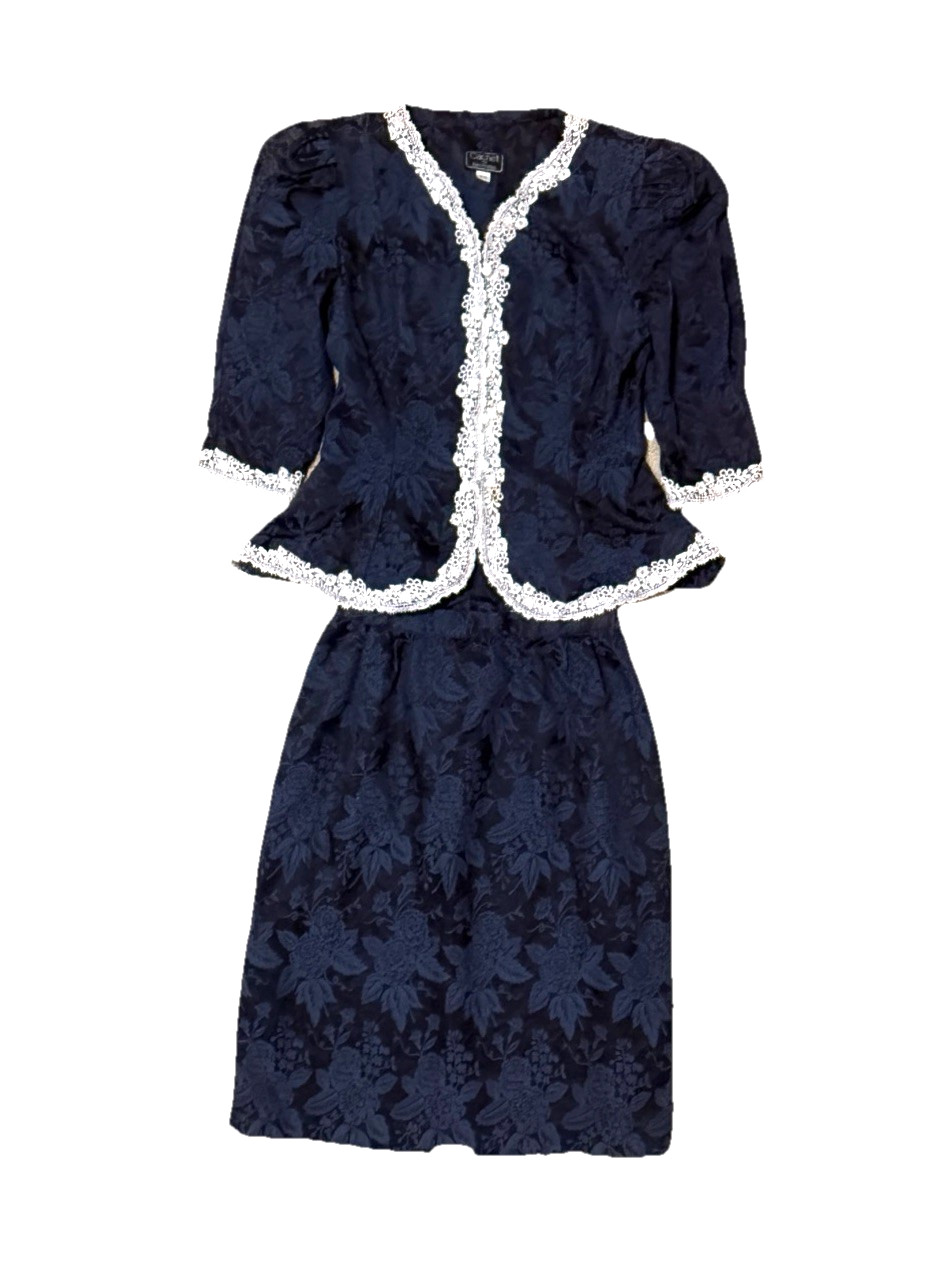 Cachet Bari Protas Vintage Navy Blue Suit Set Skirt Top 9/10 Pearls Lace Rare