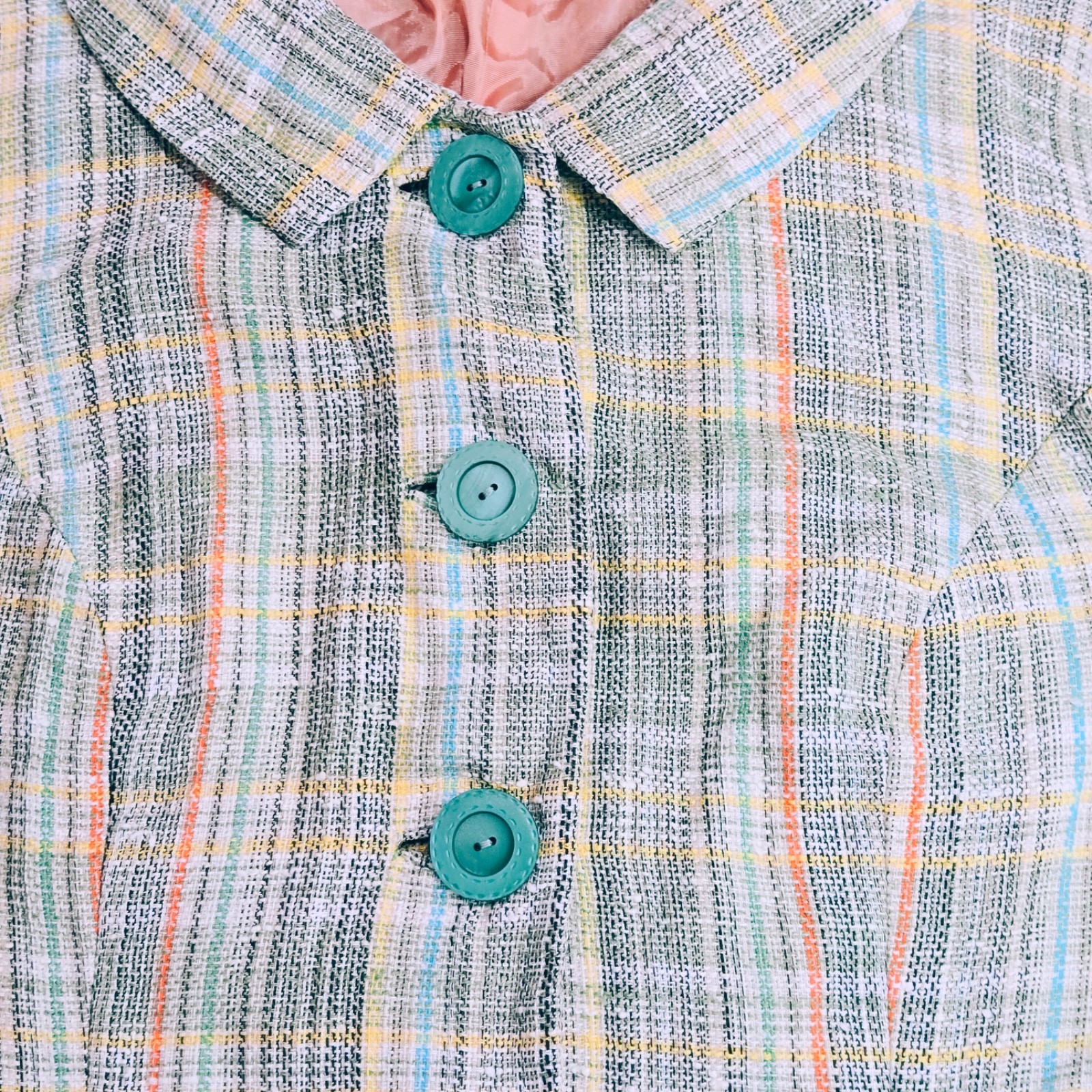 Vintage 1960s Mod Plaid Cropped Jacket Pastel Tweed Jackie O Spring Coat Retro