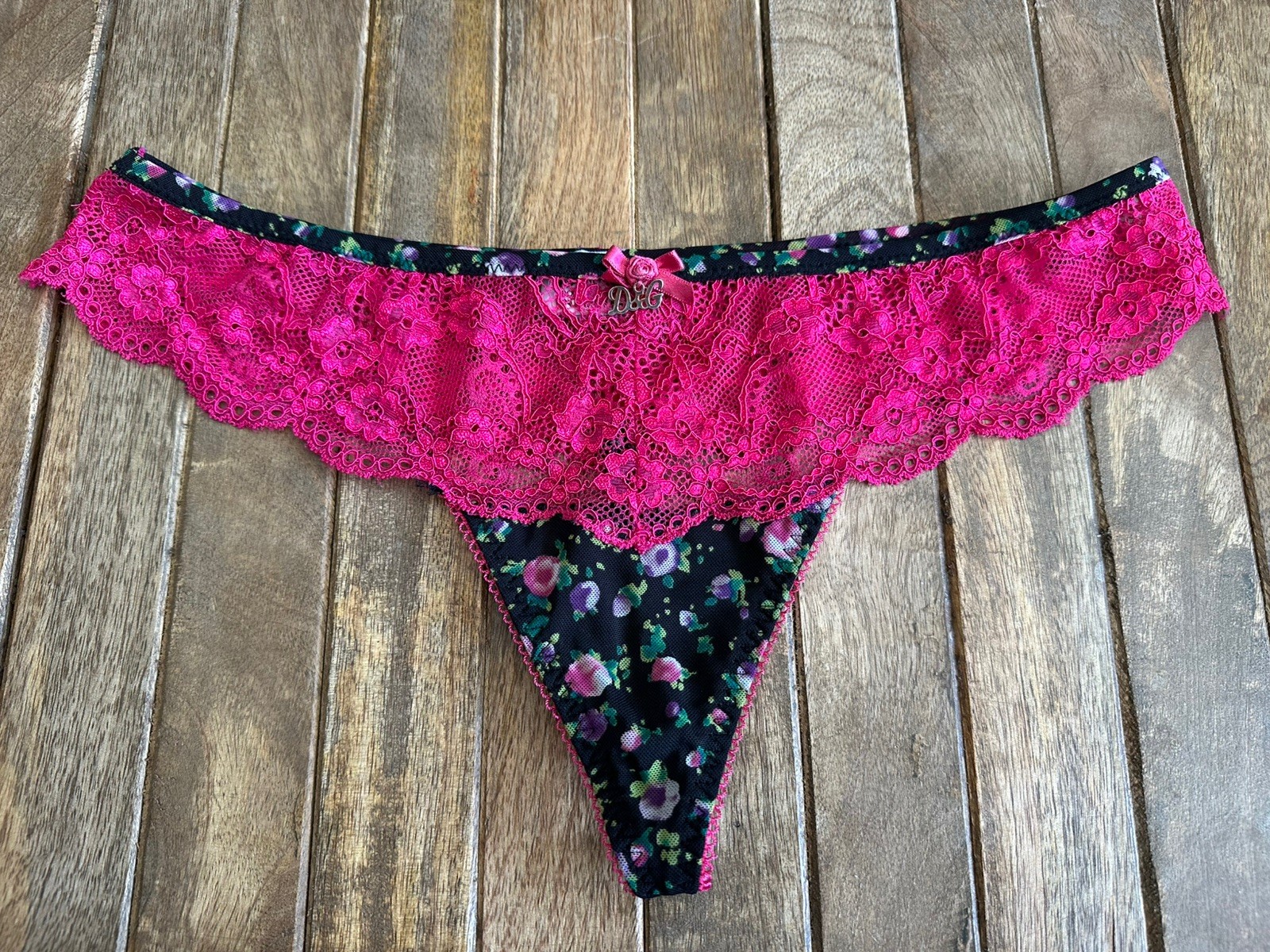 Vtg D&G Dolce & Gabanna Underwear M Black Floral String Thong Bikini Panties