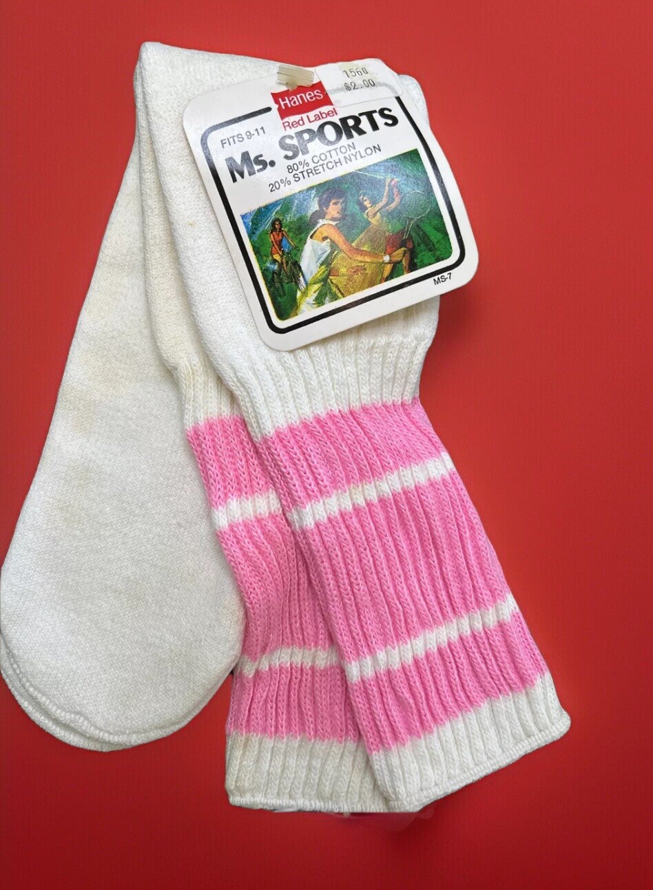 VTG Hanes Ms. Sports Socks (1 Pair) Striped 9-11 Cotton Tube NOS 80s Pink
