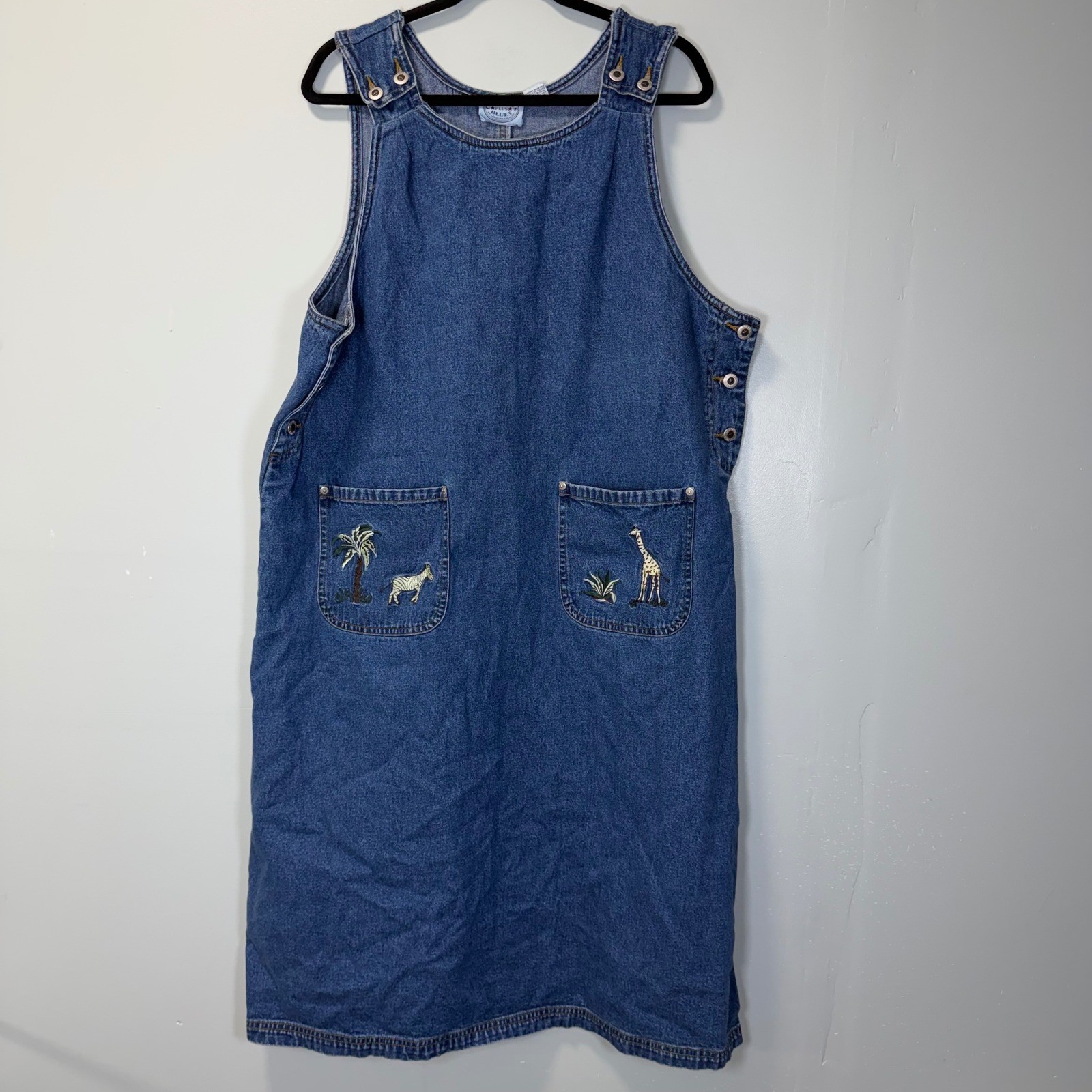 VTG Carolina Plus Blues Denim Safari Embroidered Jumper Dress 18W Blue Cotton