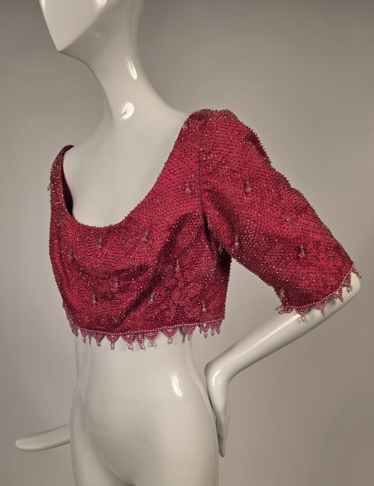 GLAM 1960’S HEAVILY BEADED PINK SILK TOP W CRYSTAL BOBS + DANGLING BEAD EDGES