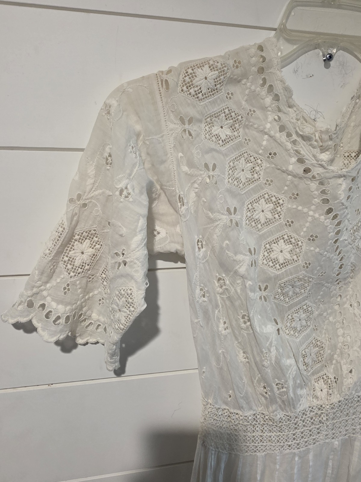 Antique Edwardian White Cotton Lawn Gown Embroidered Eyelet Lace Tea Dress XS