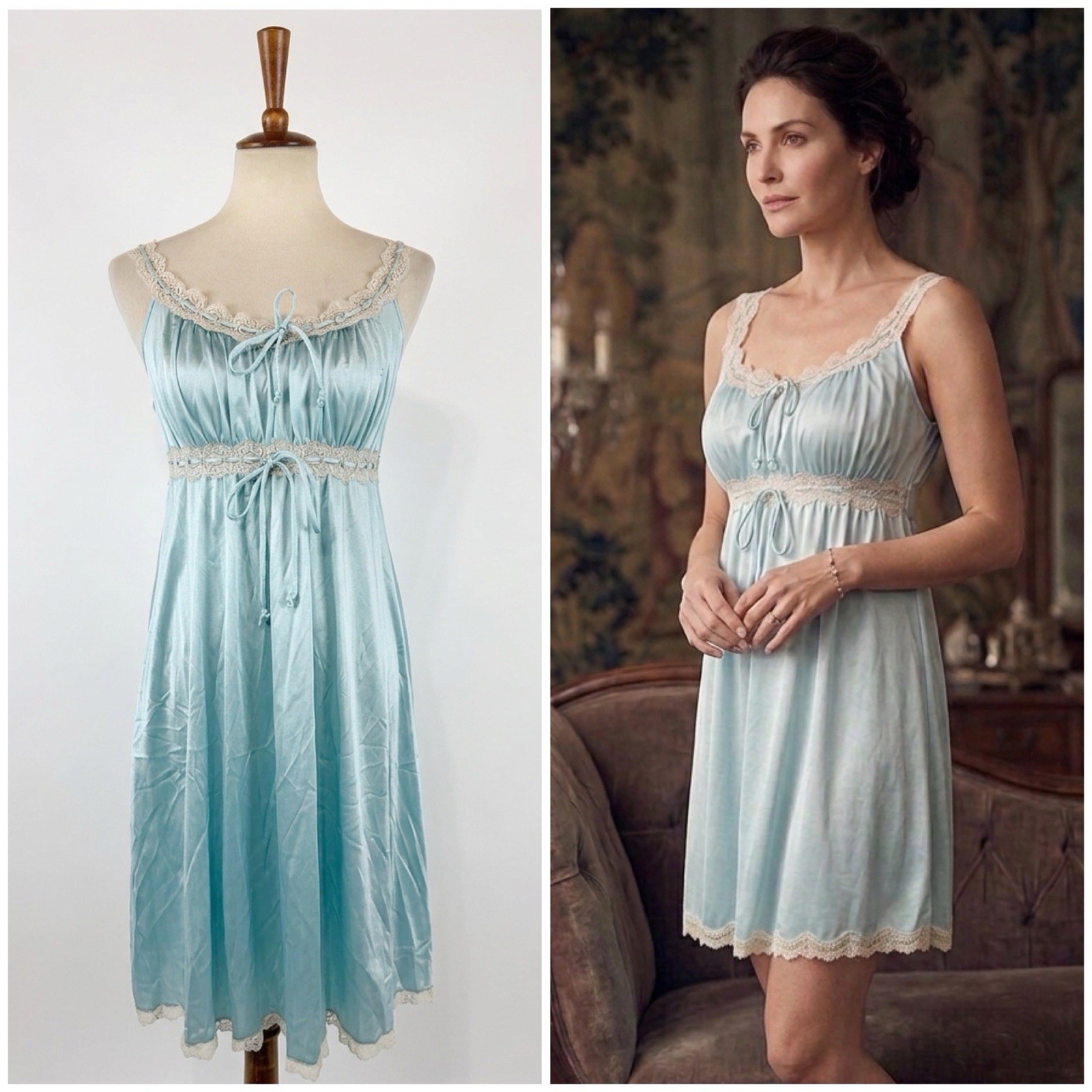 VTG 70s Vanity Fair Aqua Nylon Whimsy Women&rsquo;s Regency Lingerie Nightgown Sz S