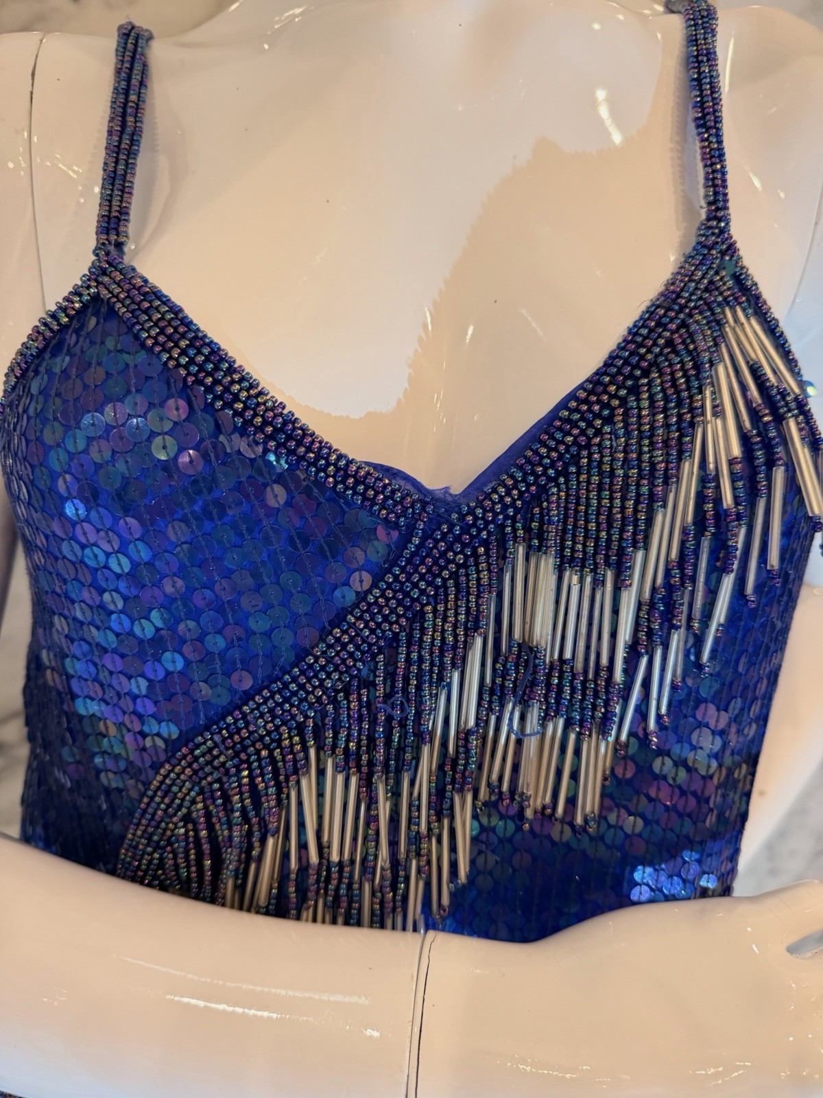Vintage Laurence Kazar Blue Sequin Beaded Silk Cocktail Dress Fringe Art Deco M