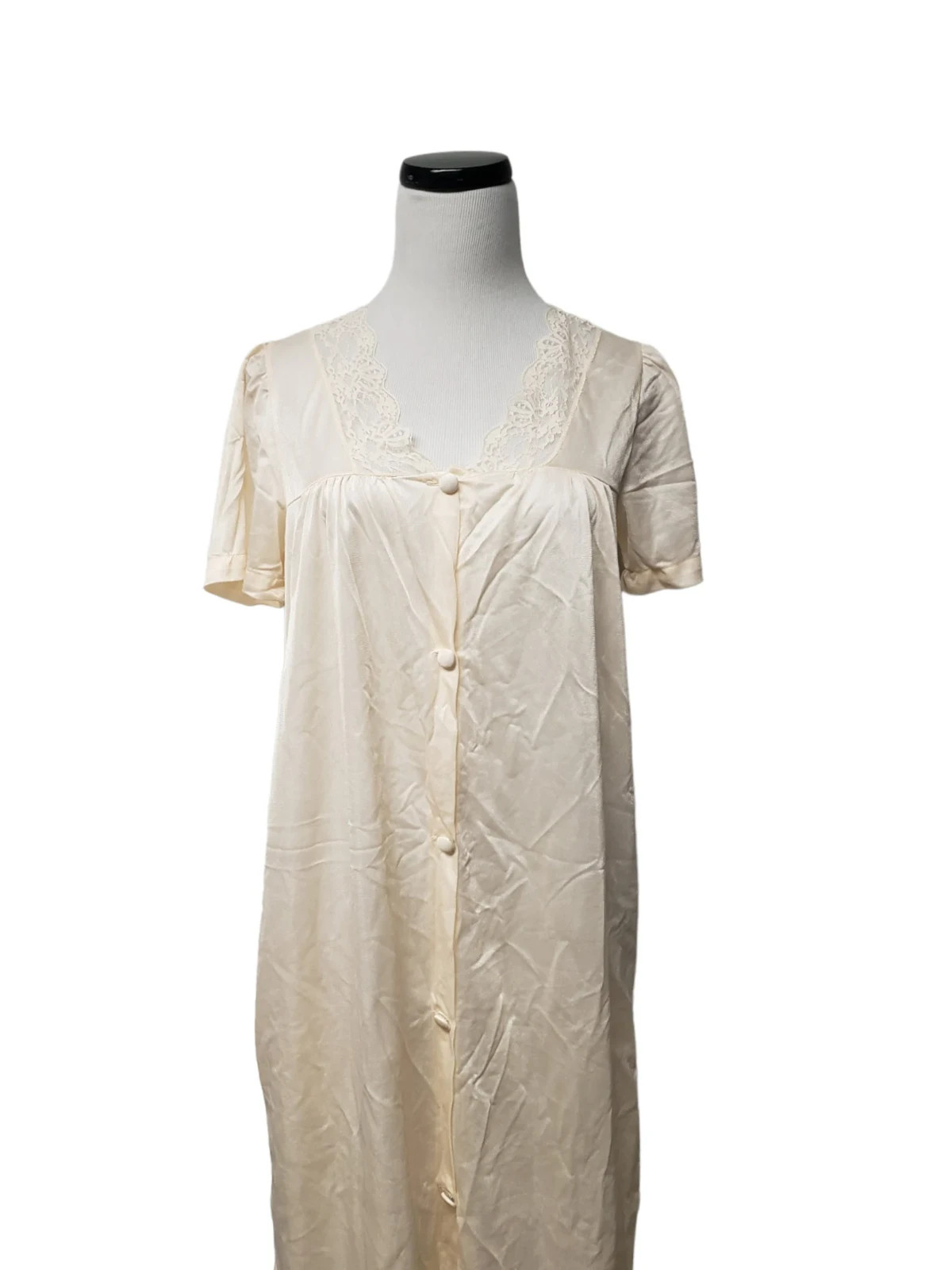 light peach nylon lace trimmed short robe . fits like S to M