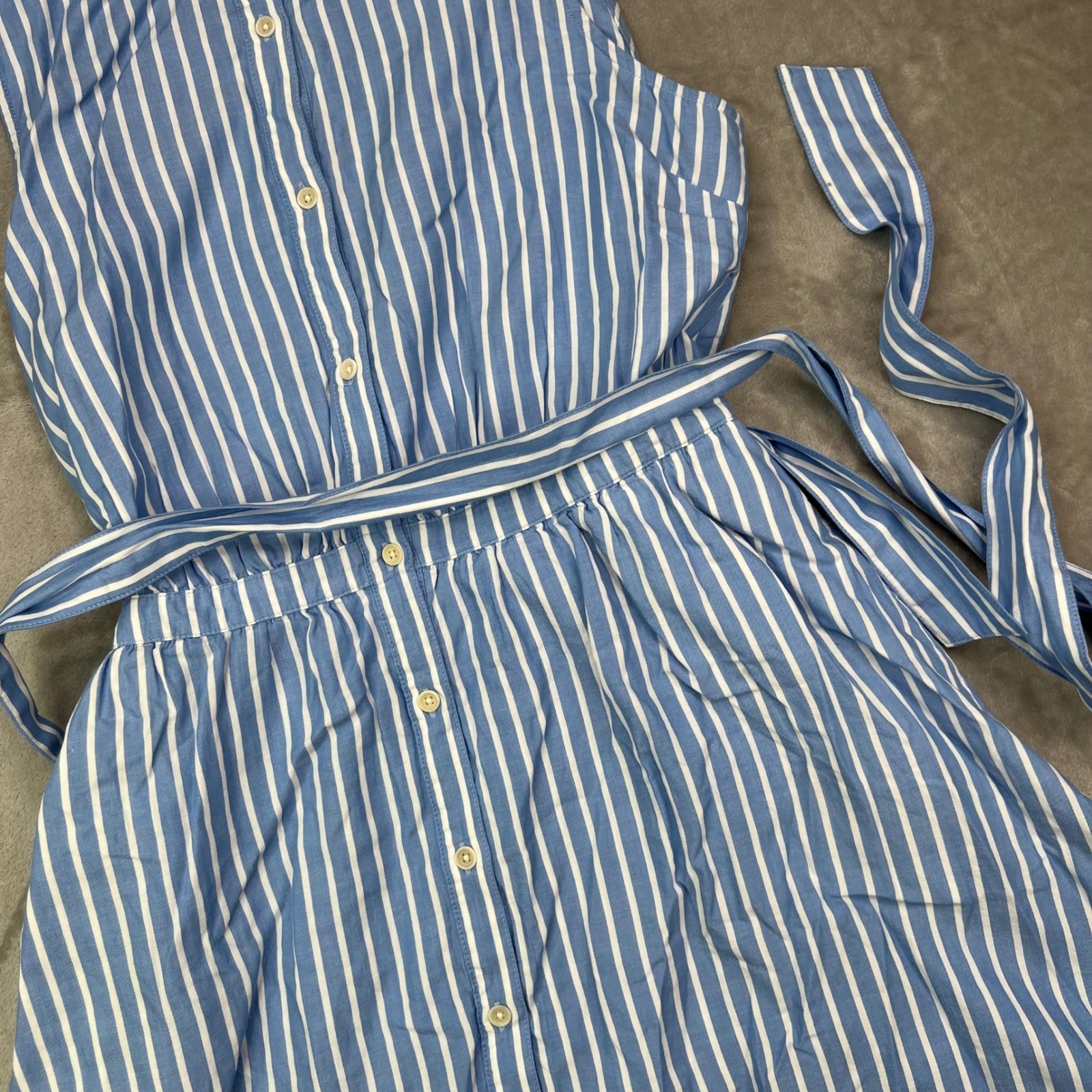 Pact Sunset Lightweight Cotton Sleeveless Shirtdress Womens L Blue White Striped