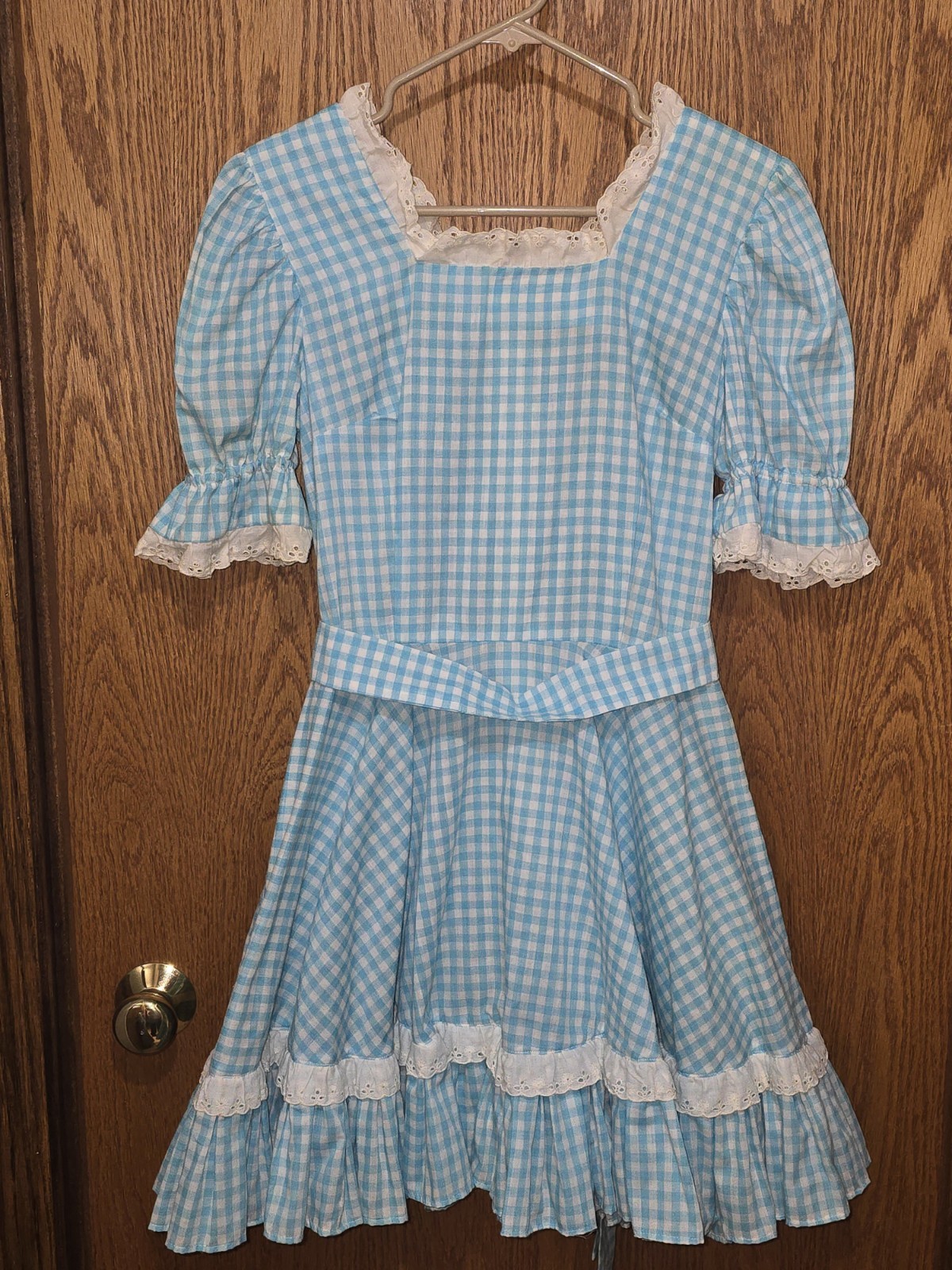 Vintage Handmade Prairie Dress Blue White Gingham Lace Puff Sleeve XS S