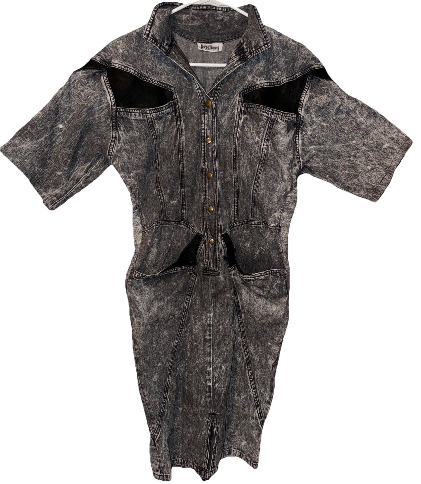 Rebound Denim Dress Acid Washed Faux Leather Trim Altered Women’s L 80’s READ