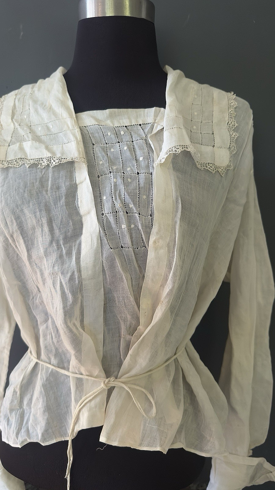 Antique Victorian Handmade Sheer Lace White Gauze Blouse