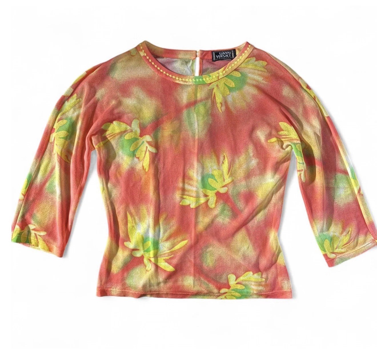 Vintage Gianni Versace Sheer Floral Print Shirt Pink Yellow Green Size 40