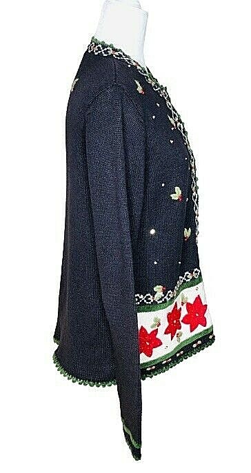 Vintage Christmas Reference Point Sweater Size S Snap Closure Poinsettia Holly