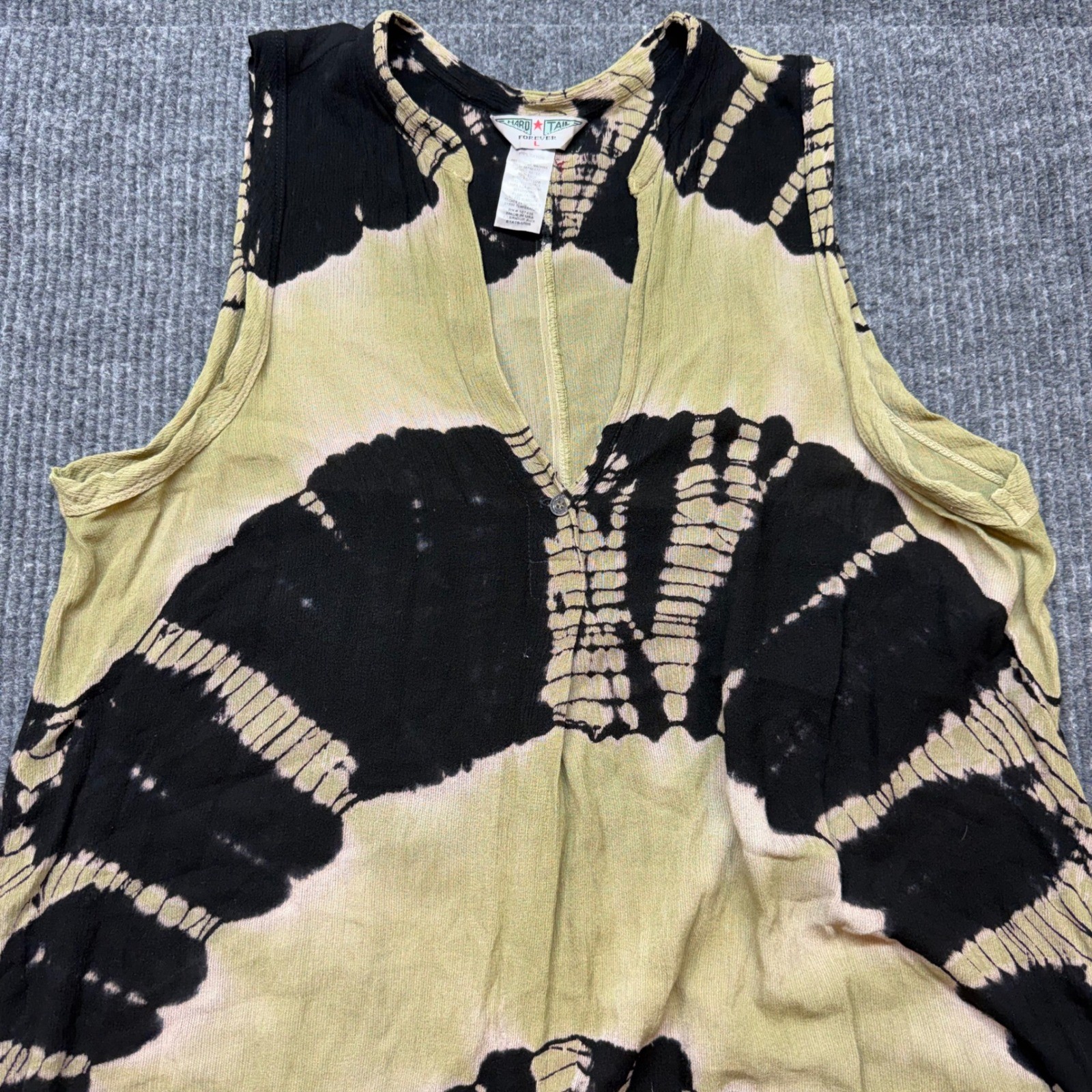 Boho Tie Dye Tank Dress Olive Black L Sleeveless V Neck Hard Tail Forever
