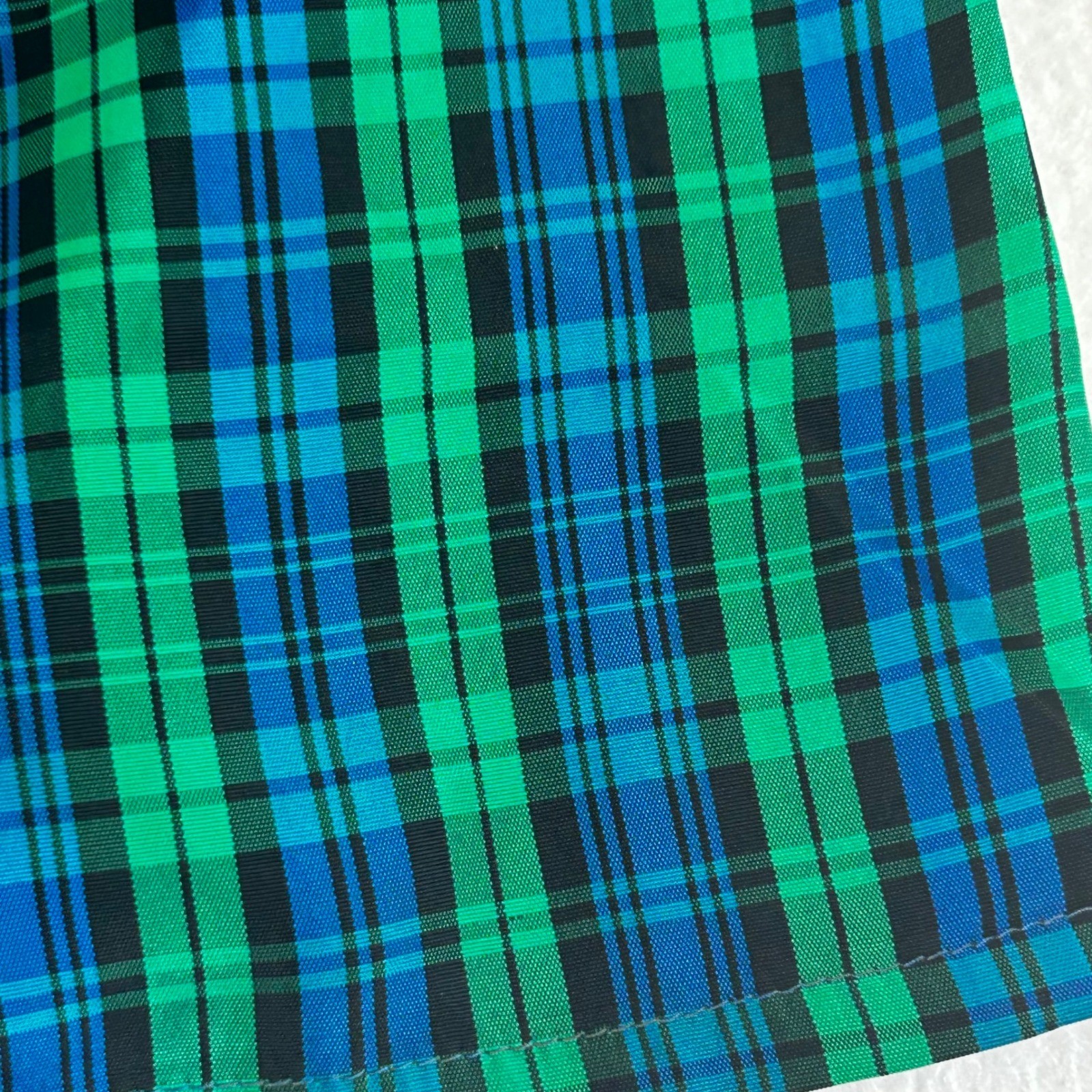 Vintage JCPenney Fashions Plaid Blouse Green Blue Ruffle Neck ILGWU USA 13/14