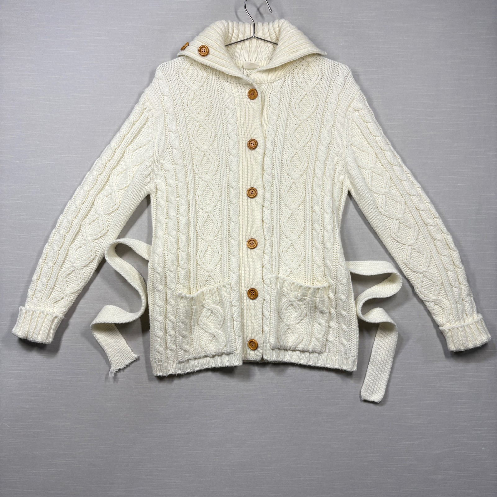 Vintage Cardigan Sweater Women Large Ivory Long Belted Cable Knit Wood Button