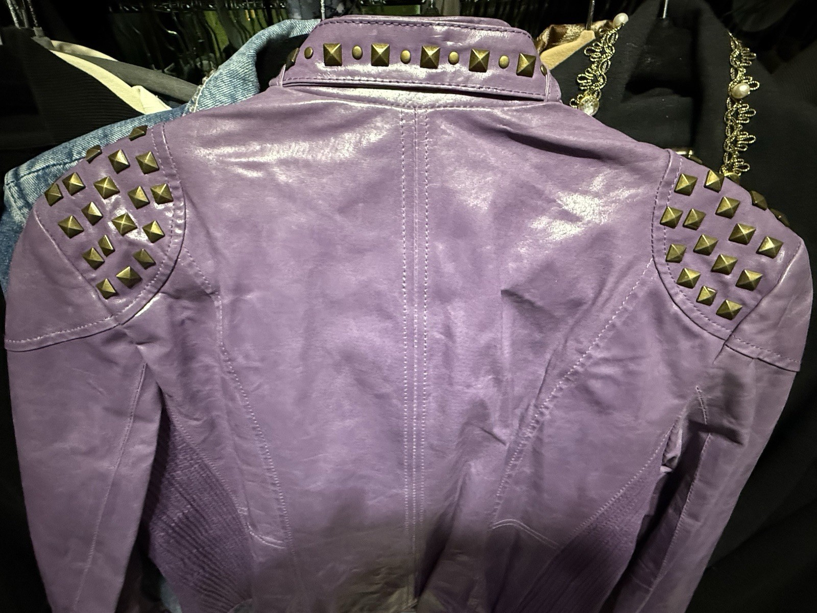 Unique Purple leather moto zipper studded jacket Pamela McCoy