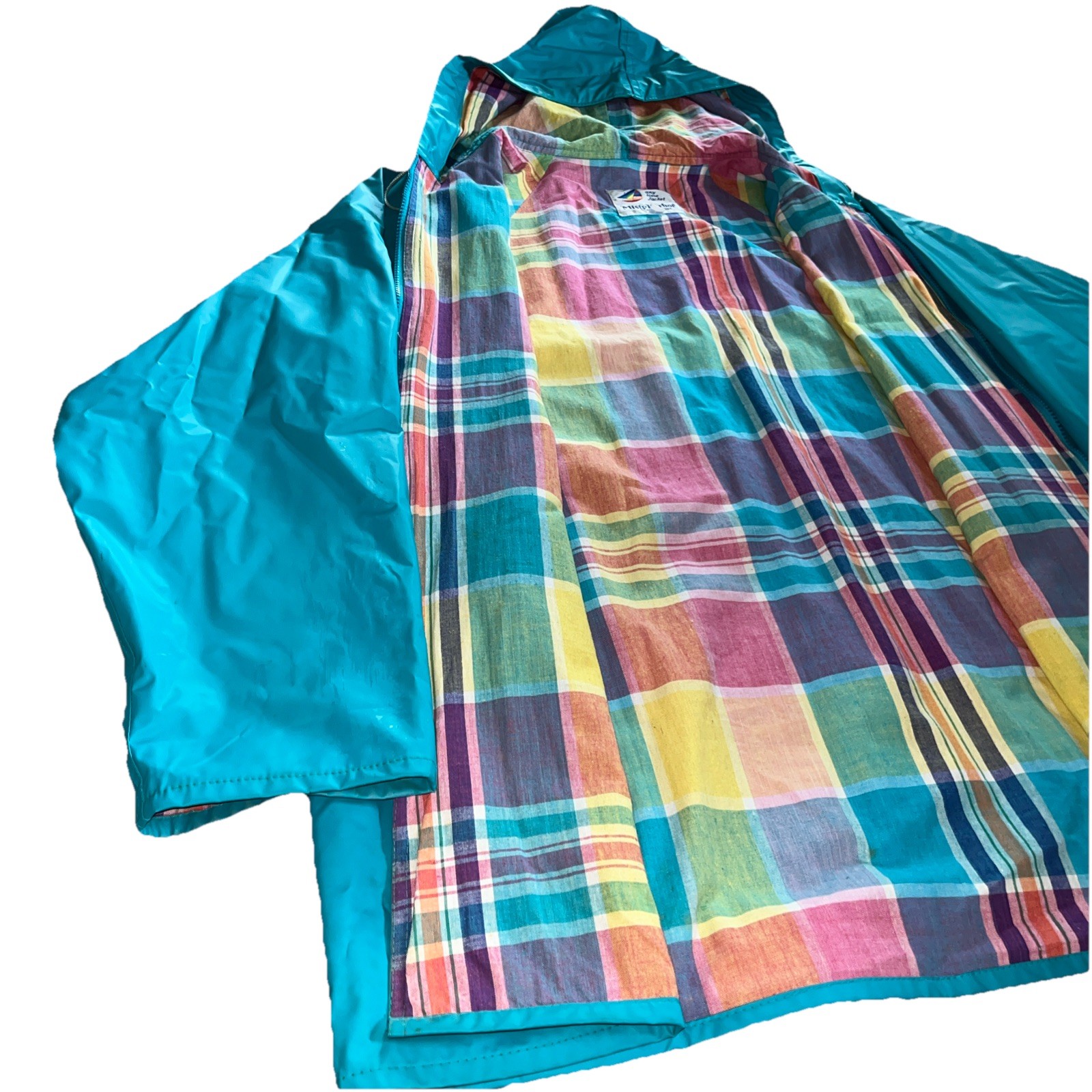 Vintage 90s Misty Harbor Any Time Jacket Rain Coat w/hood Turquoise Plaid Large