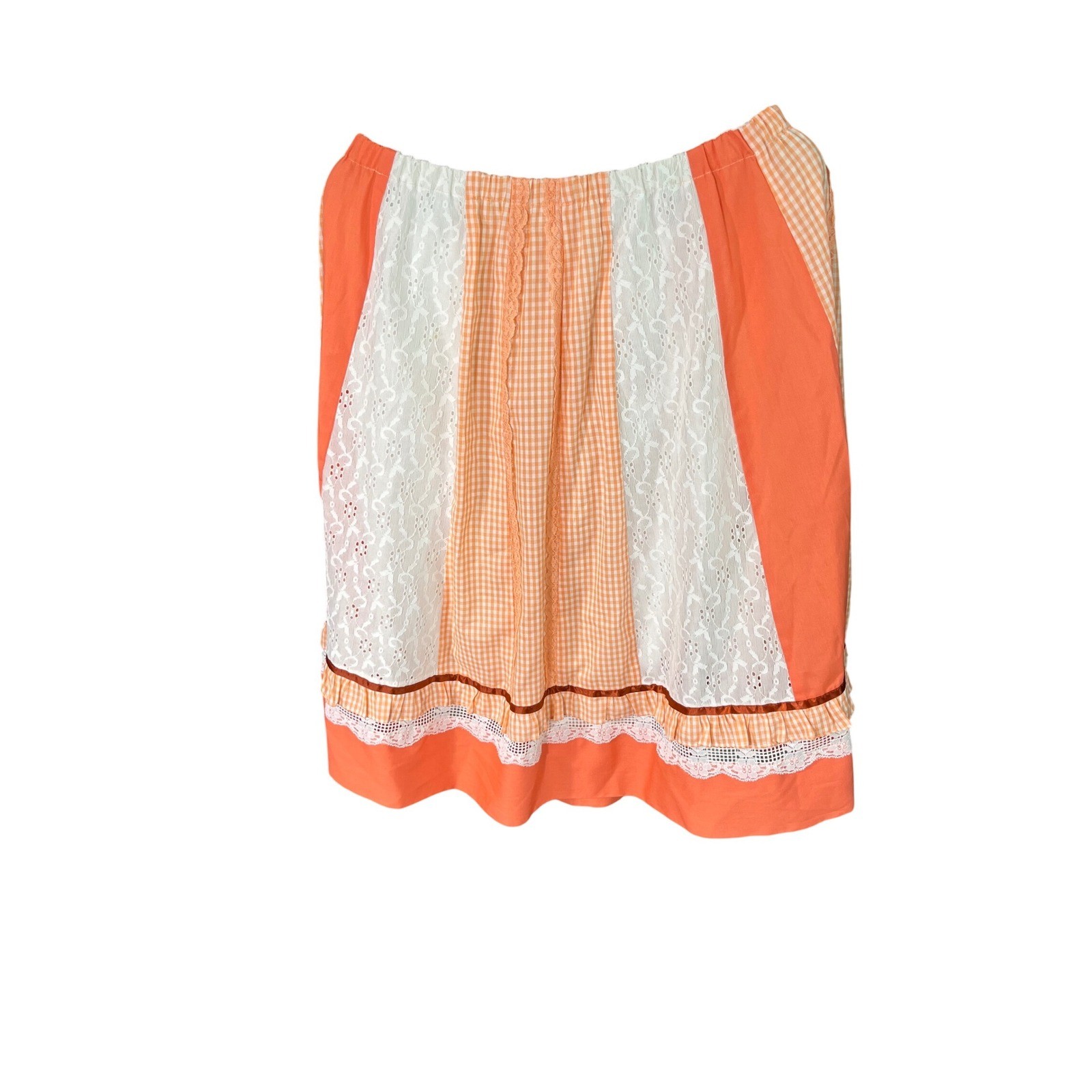 Vintage Handmade Prairie Patchwork Skirt Cottagecore Lace Gingham Peach Boho