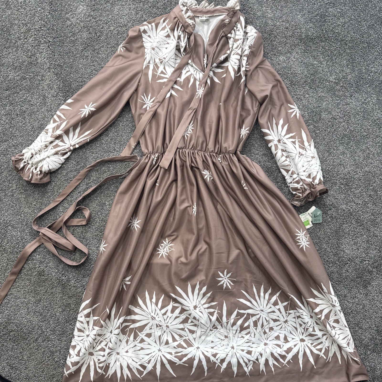 VTG NOS Womens M Dress Sheer 70s Prarie Flare Long Sleeve Ruffle Floral Brown
