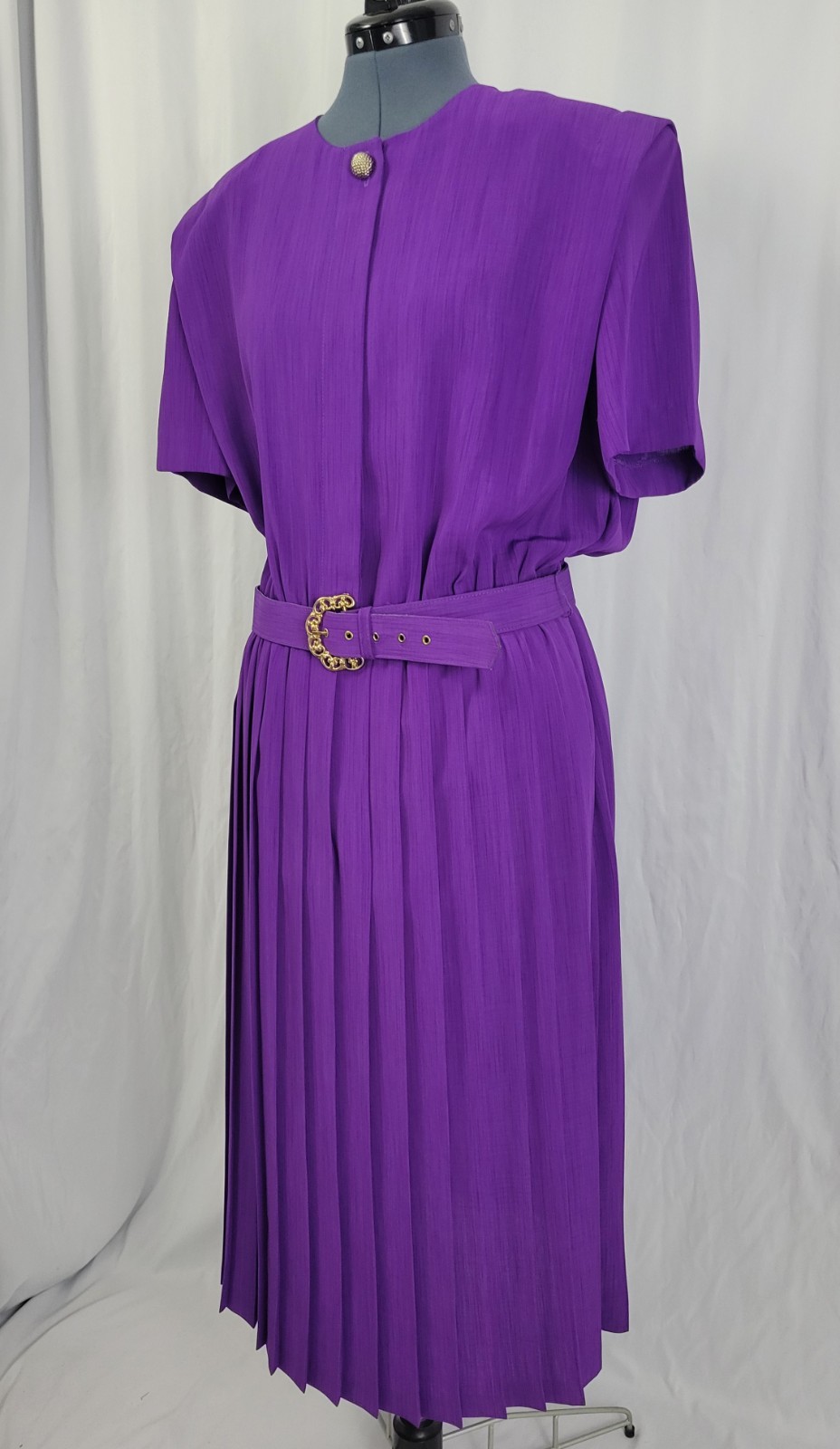 Vintage Leslie Fay Purple Blouson Dress w Pleated Skirt & Matching Belt Size 16