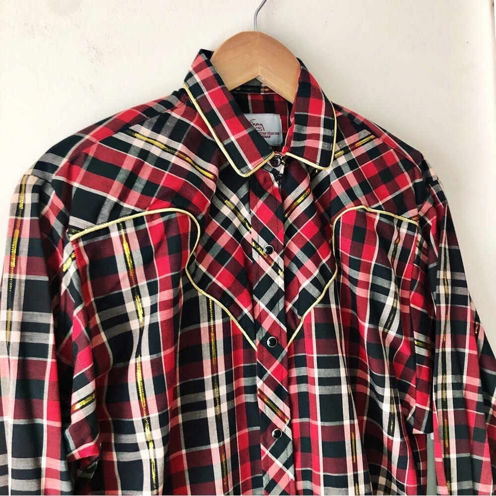 80s Kenny Rogers Western Plaid Button Down Piped Yoke Rodeo Chic Pearl Snap Sz M