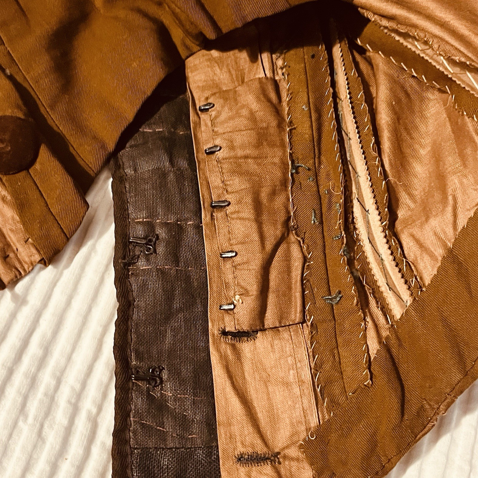 Antique Edwardian Boned Waist Jacket Velvet Trim & Puff Sleeves-Smocked-Coattail