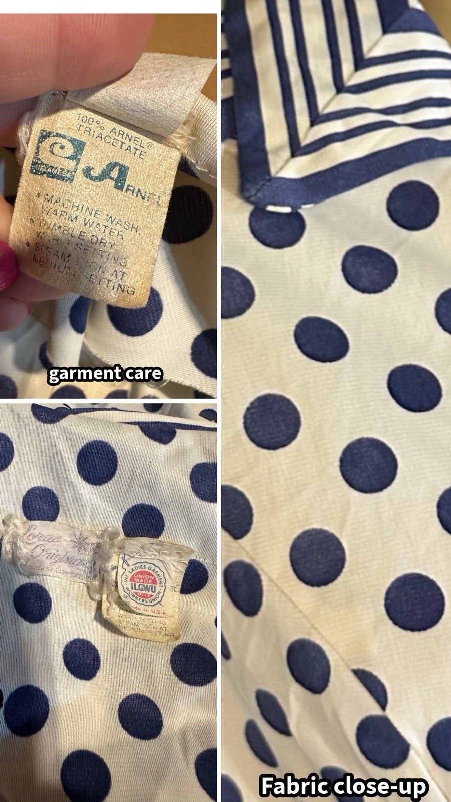 VINTAGE 1980&rsquo;S ARNEL BLUE & WHITE STRIPED & POLK A DOT PRINT SHIRT DRESS SIZE L