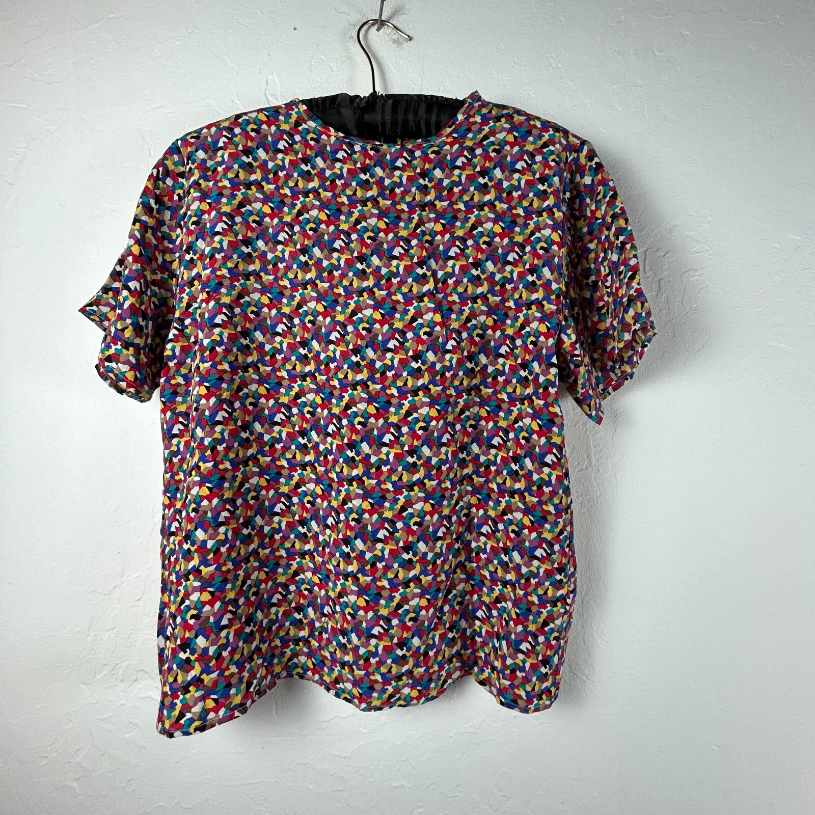 Vintage Royal Silk Women Colorful Abstract Print Blouse Top Size 10 Short Sleeve