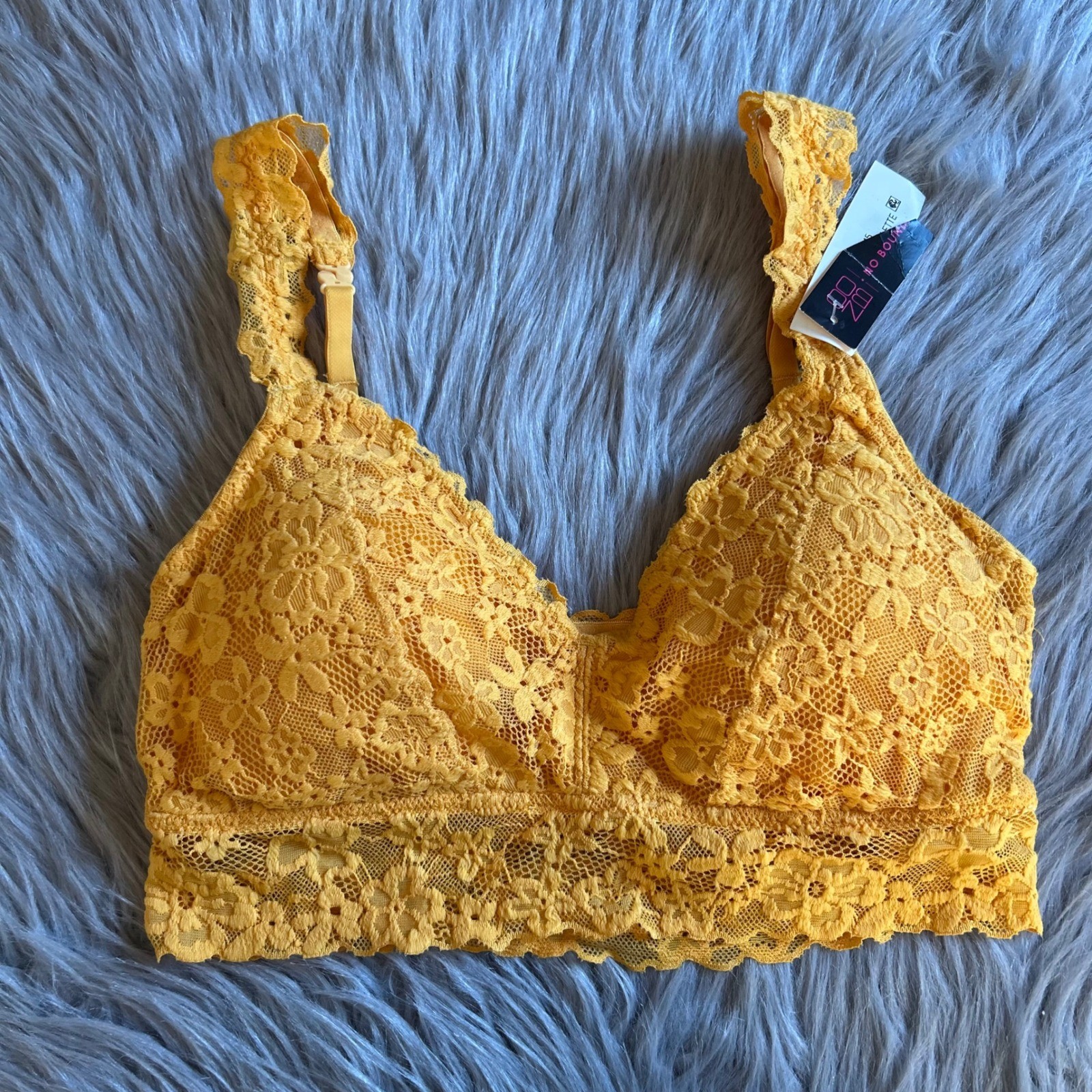 No Boundaries Wireless Bralette Womens Size Medium Yellow Floral Lace Bra