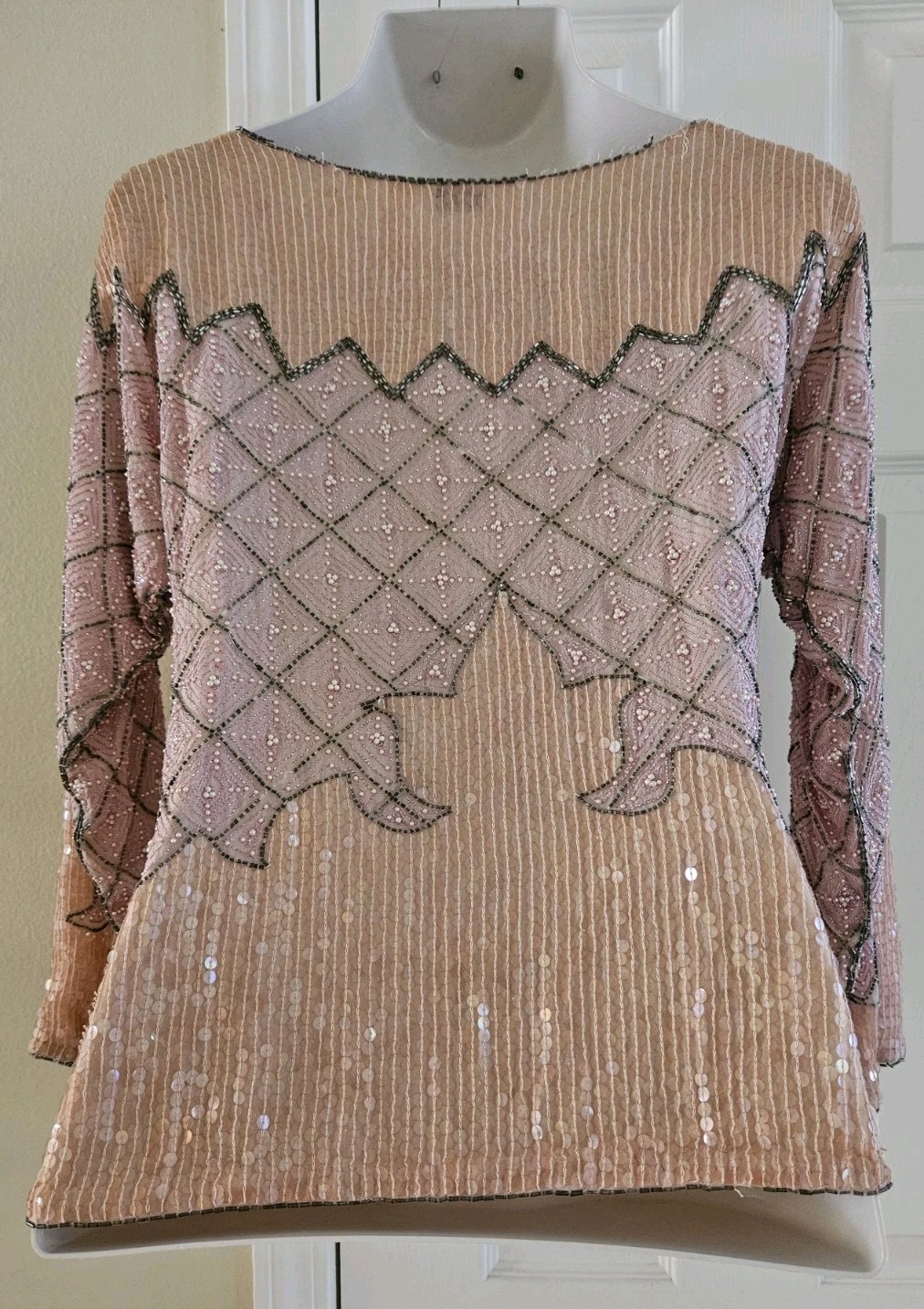 Unbranded Vintage 80s Beaded Sequin 100% Silk Formal Top Blouse Salmon Pink M