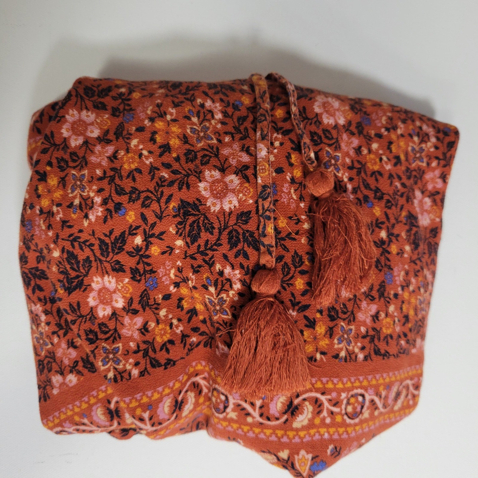 American Eagle Boho Floral Blouse Womens L Rust Orange Tassel Cottagecore Hippie