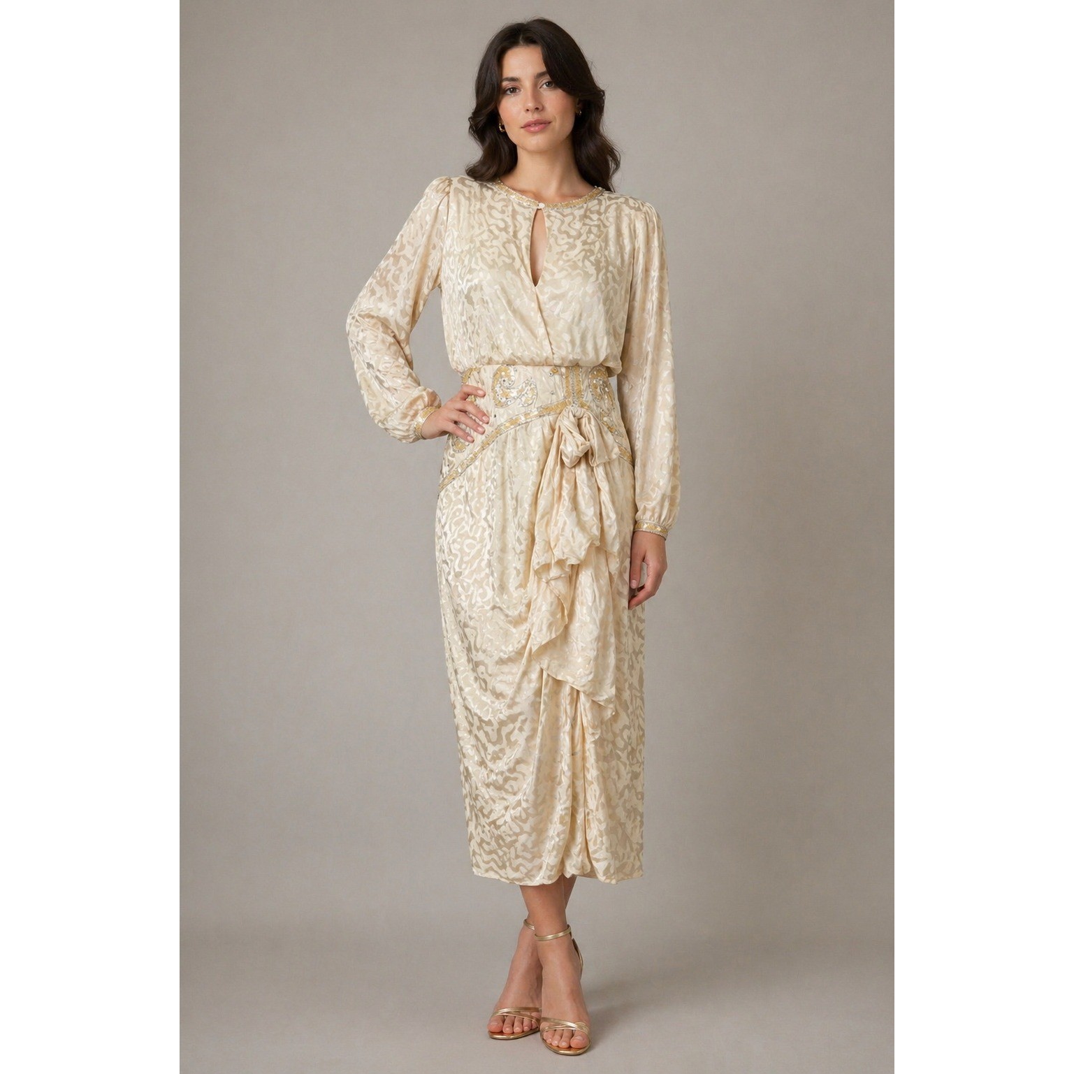 AJ Bari Silk Beaded Dress Vintage Old Money Glam Mob Wife Cream Silk Women&rsquo;s 12