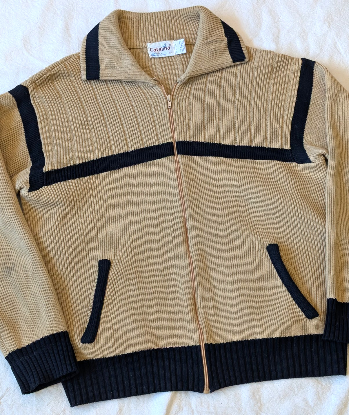 Catalina VTG 70s 80s Women&rsquo;s Tan Acrylic Knit Cowichan Style Zip Cardigan XL